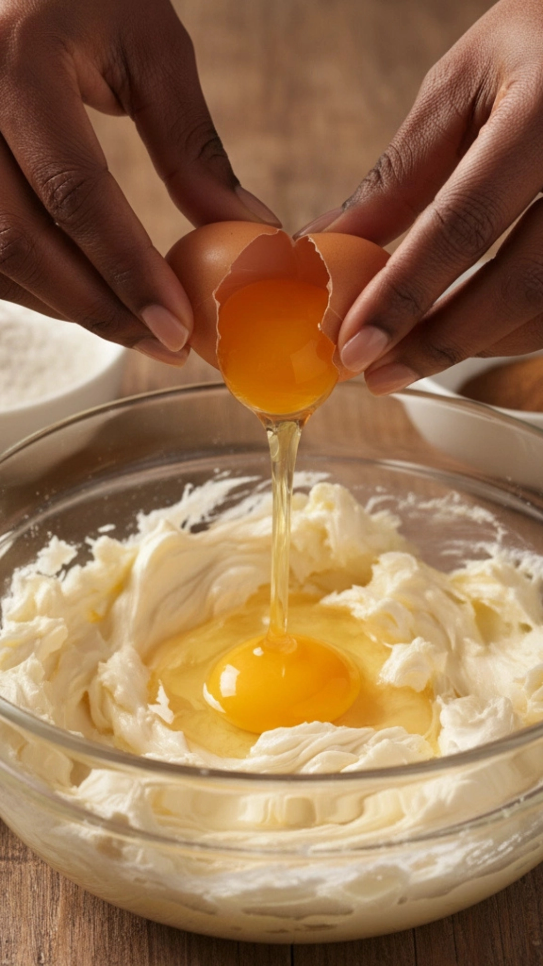 Cracking an egg into a glass bowl of creamed butter and sugar, with bowls of flour and fall spices on a wooden table.