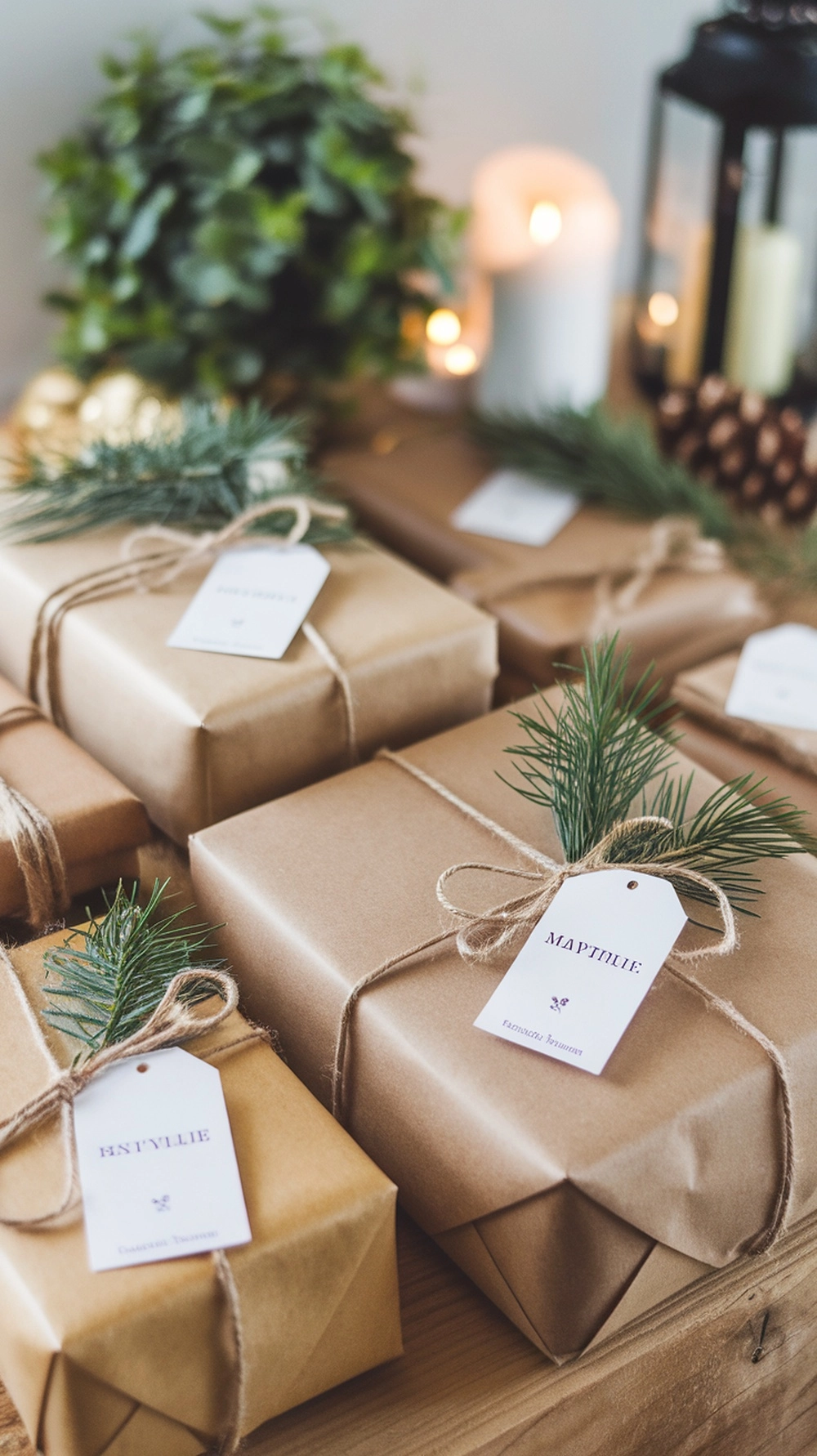 14 Creative Christmas Decor Ideas for Your Home 4 Beautifully wrapped Christmas gifts with brown paper, twine, and pine sprigs.