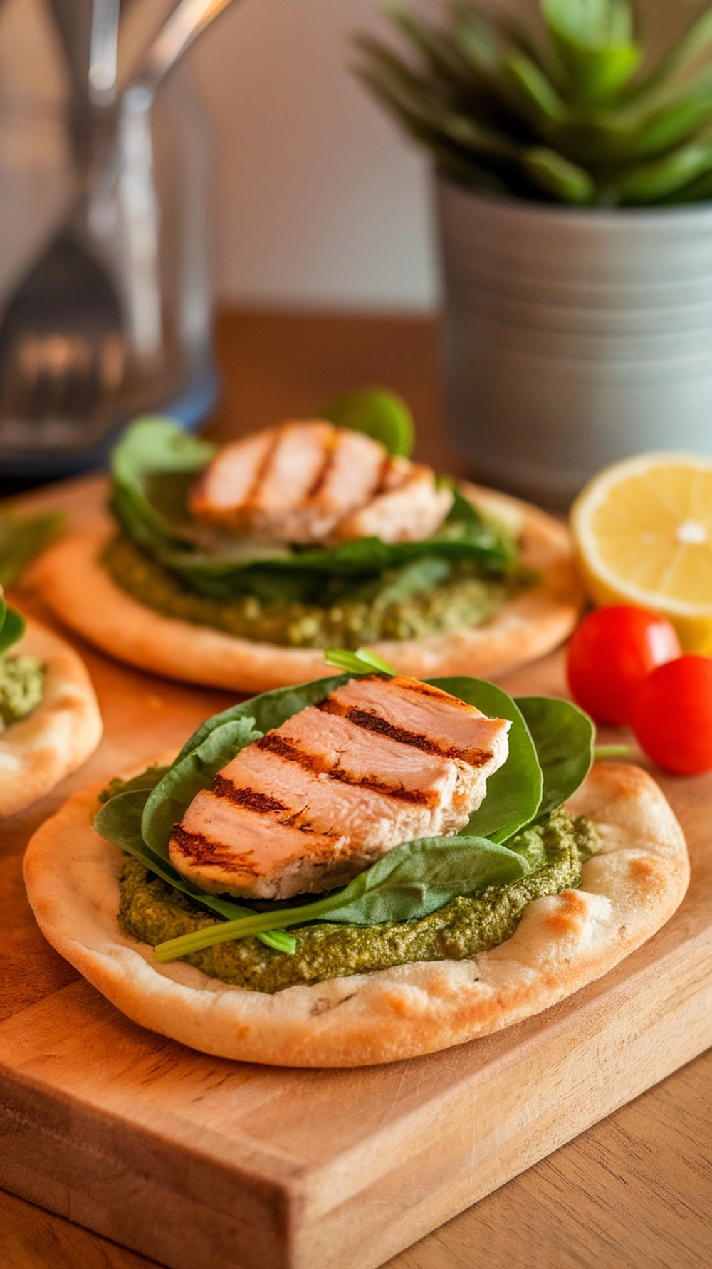 14 Quick Fall Dinner Ideas For Busy Nights 12 Pesto chicken and spinach flatbreads on a wooden board with lemon and cherry tomatoes