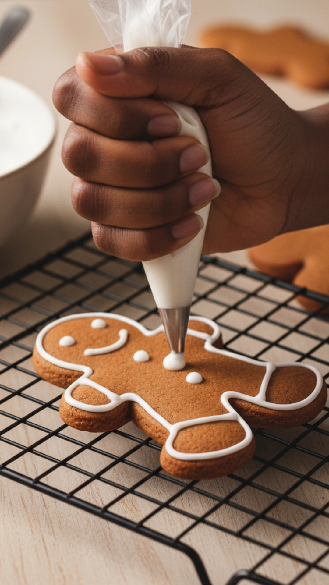How to Bake Beautiful and Delicious Christmas Cookies 4 A close-up of a hand piping a white royal icing outline on a red gingerbread man Christmas cookie.