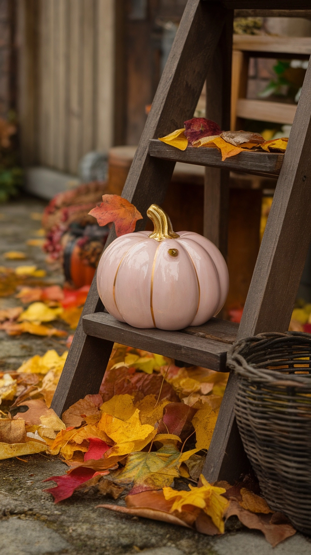 A Porcelain Doll Pumpkin displayed on a wooden ladder surrounded by autumn leaves.