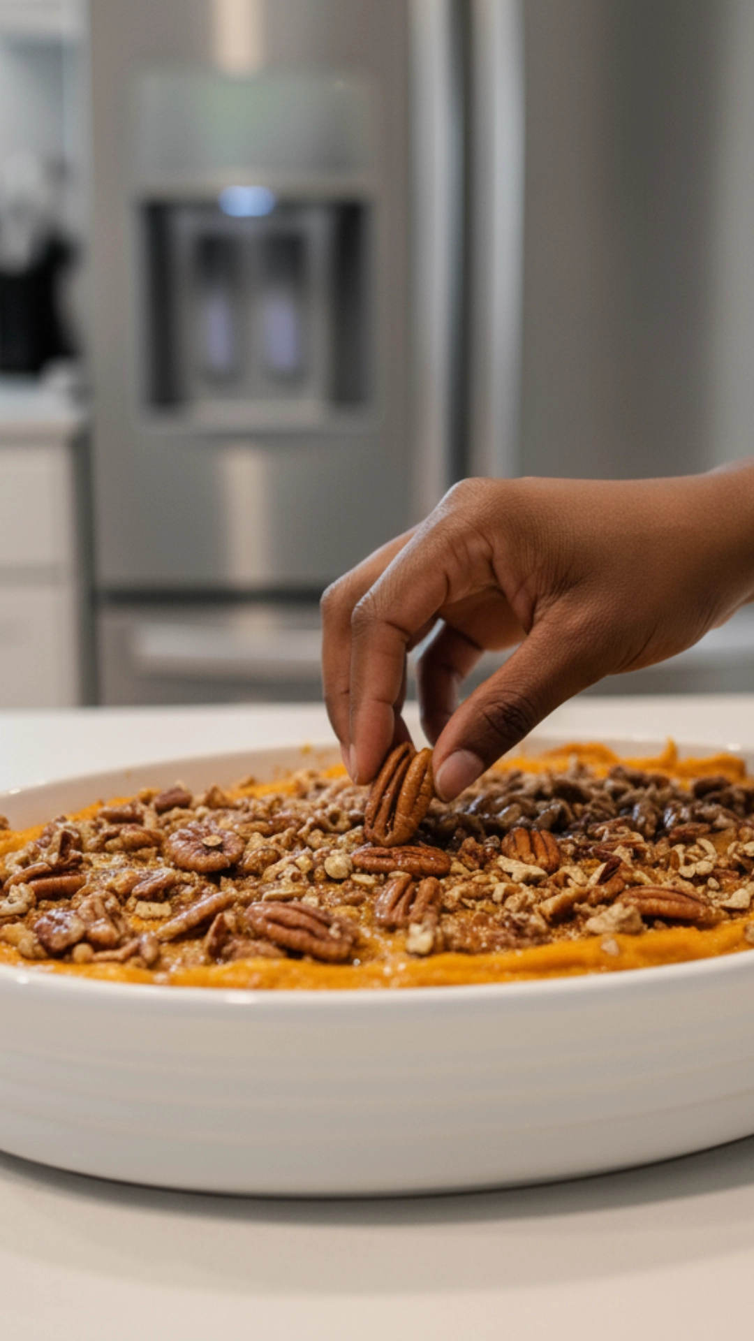 How to Plan the Perfect Thanksgiving Menu 5 Carefully placing a pecan on top of an unbaked sweet potato casserole.