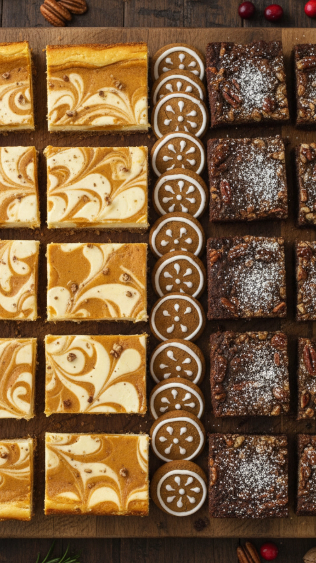 Epic Thanksgiving Desserts to Impress Your Guests 6 Organized platter with pre-sliced pecan bars and pumpkin cheesecake bars for a Thanksgiving dessert station.