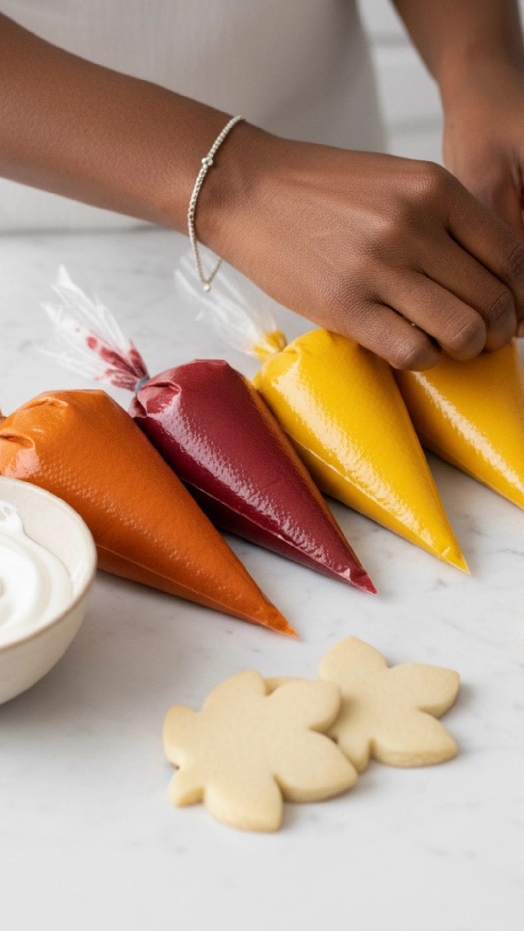 Arranging piping bags filled with orange, red, and yellow royal icing on a counter next to a bowl of icing and undecorated fall cookies.