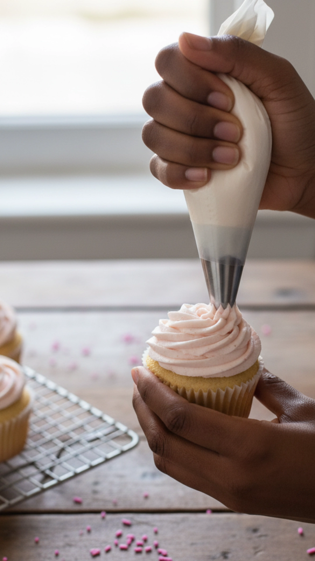 The Ultimate Guide to Home Baking Essentials 14 Piping white frosting onto a cupcake with a star tip.