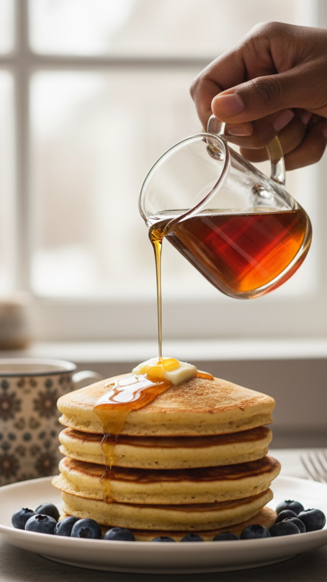 10 Delicious High-Protein Breakfast Ideas 9 A fluffy stack of high-protein pancakes topped with berries and maple syrup.