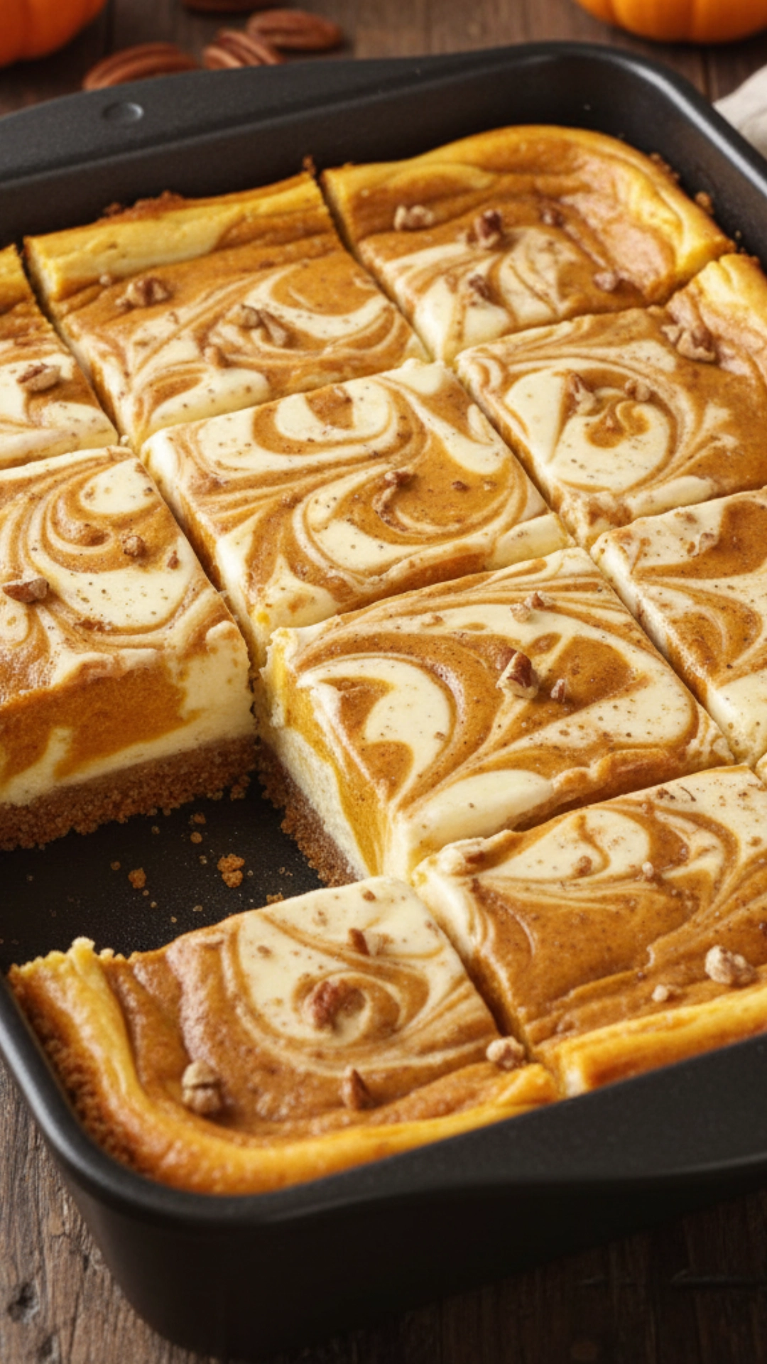 Epic Thanksgiving Desserts to Impress Your Guests 2 Sliced pumpkin cheesecake bars with a graham cracker crust and marbled top in a baking pan.