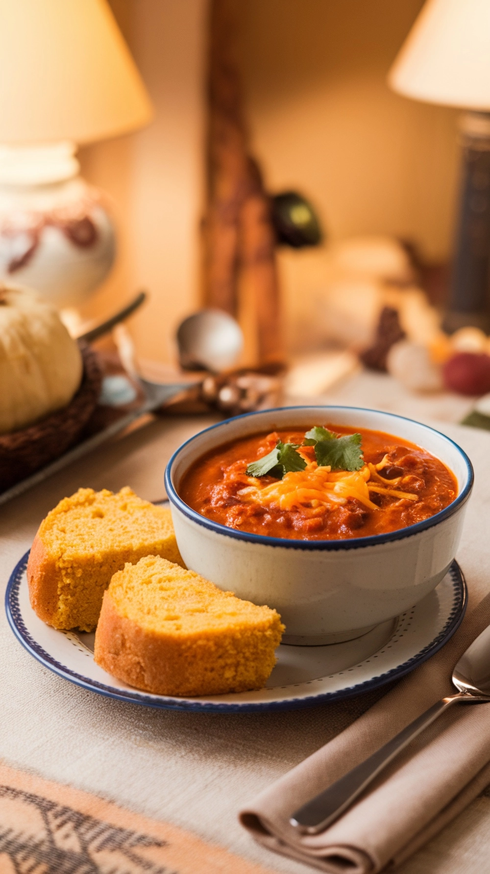 12 Cozy Fall Dinner Recipes To Warm You Up 6 A bowl of pumpkin chili with cornbread on the side, set in a cozy dining atmosphere.