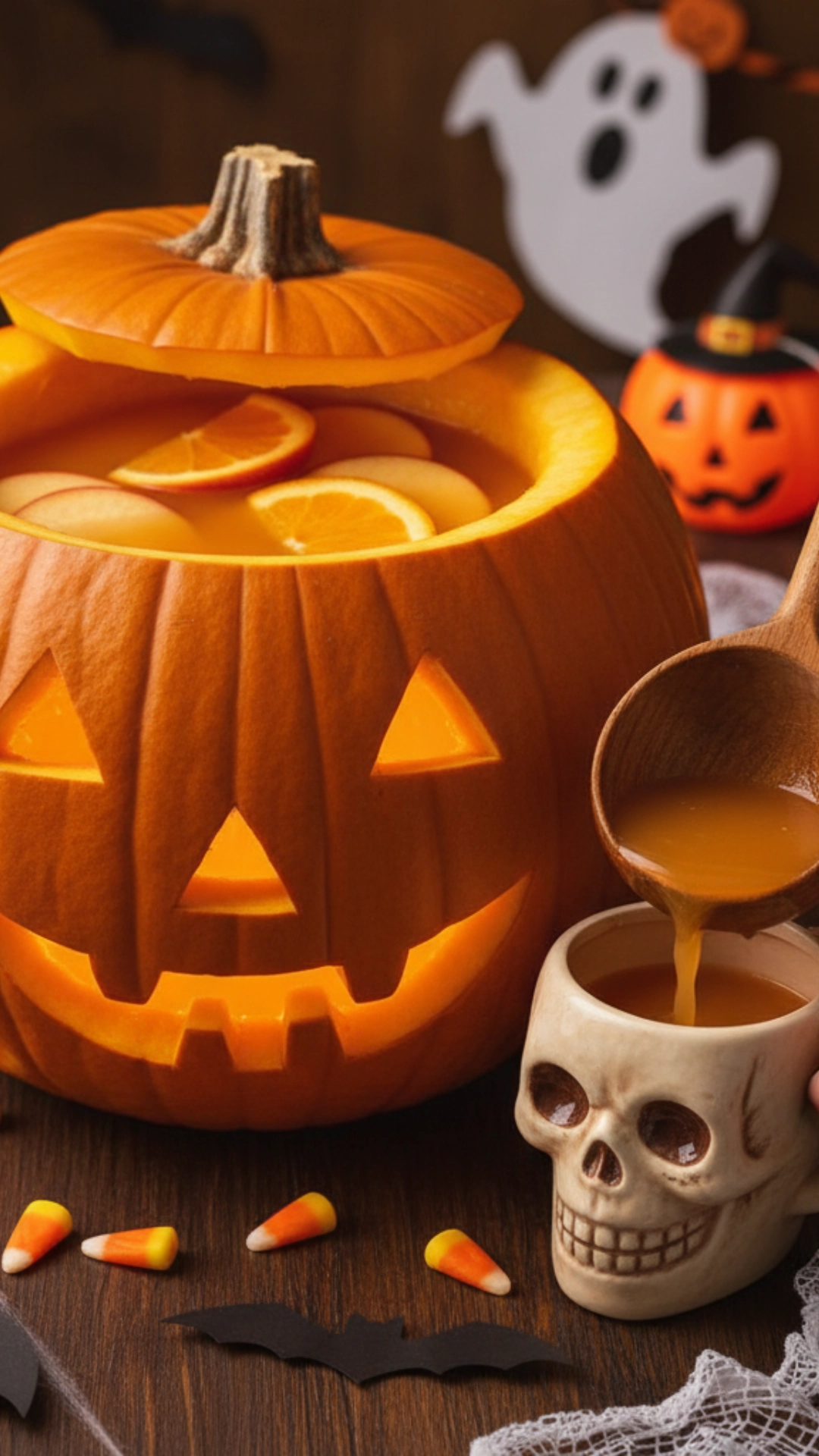 15 Fun Non Alcoholic Halloween Punch Recipes 5 A hollowed-out pumpkin with a happy face used as a punch bowl for a festive orange nonalcoholic Halloween punch recipe.