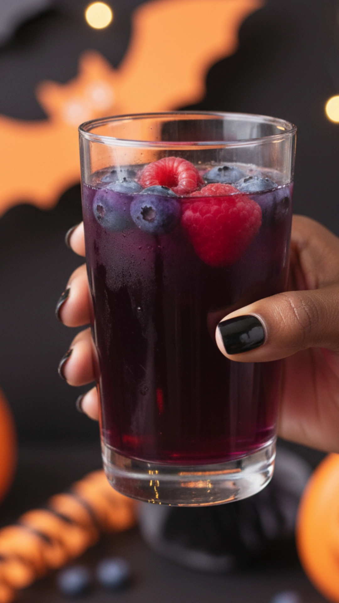 15 Fun Non Alcoholic Halloween Punch Recipes 2 A hand holding a glass of a fun, nonalcoholic purple Halloween punch recipe, garnished with floating blueberries and raspberries.