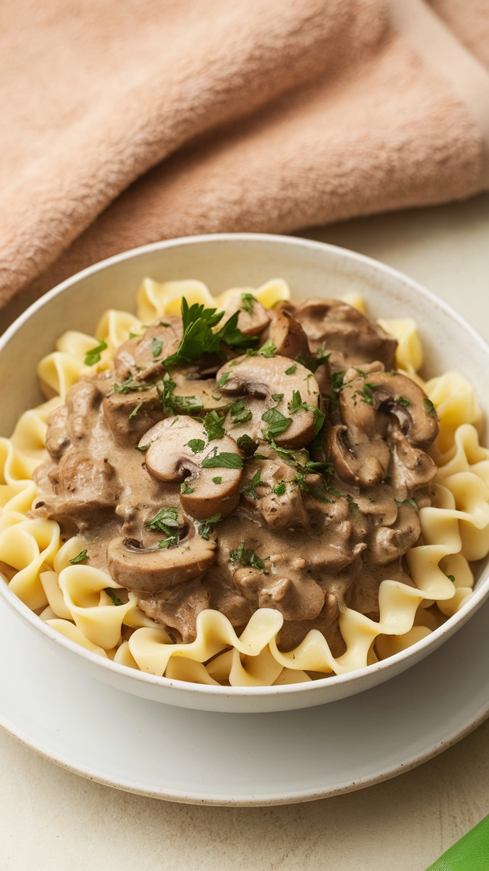 A bowl of beef stroganoff served over egg noodles, garnished with parsley.