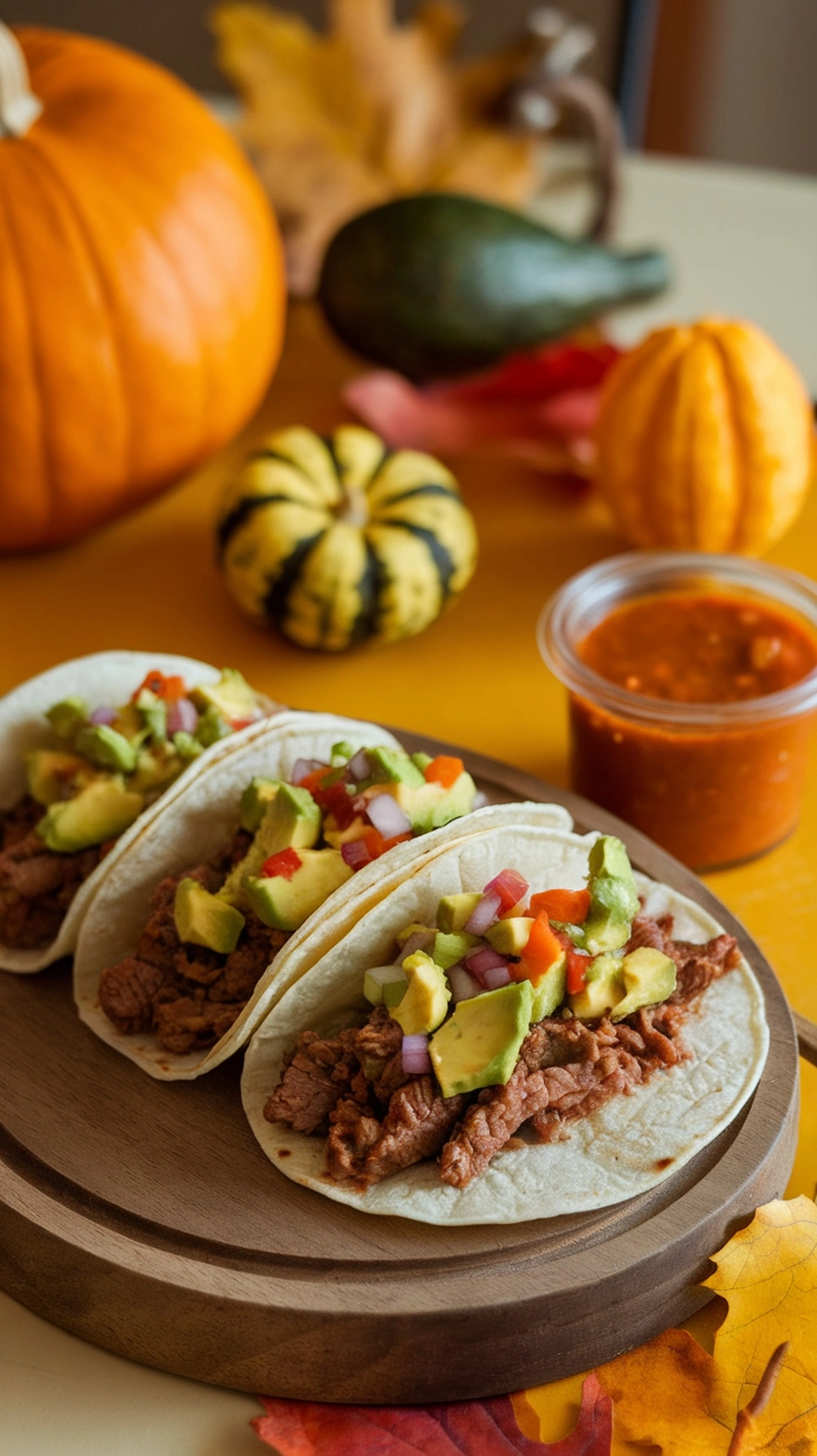 14 Quick Fall Dinner Ideas For Busy Nights 4 Three beef tacos topped with avocado salsa on a wooden plate, with pumpkins and autumn leaves in the background.