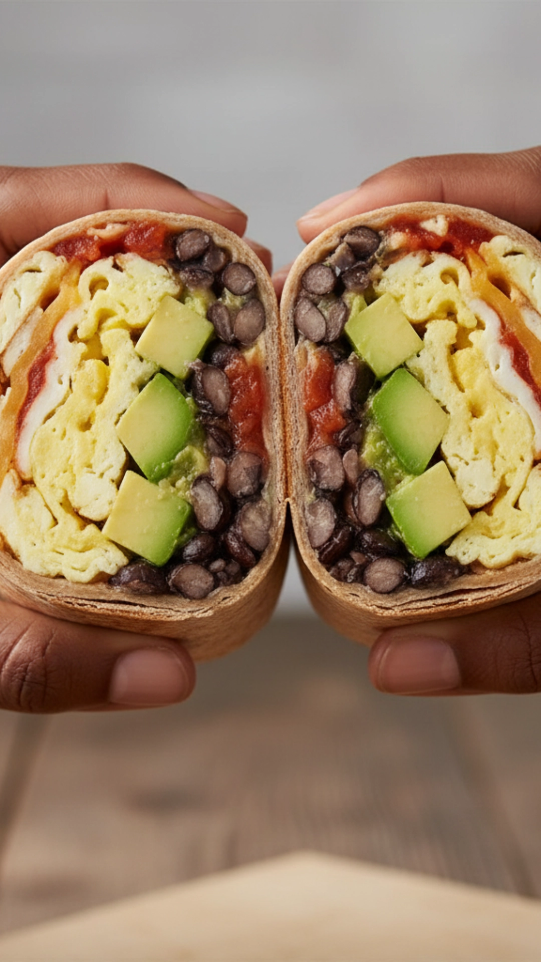 10 Delicious High-Protein Breakfast Ideas 6 A delicious and portable high-protein breakfast burrito, cut in half to show the egg, bean, and cheese filling.
