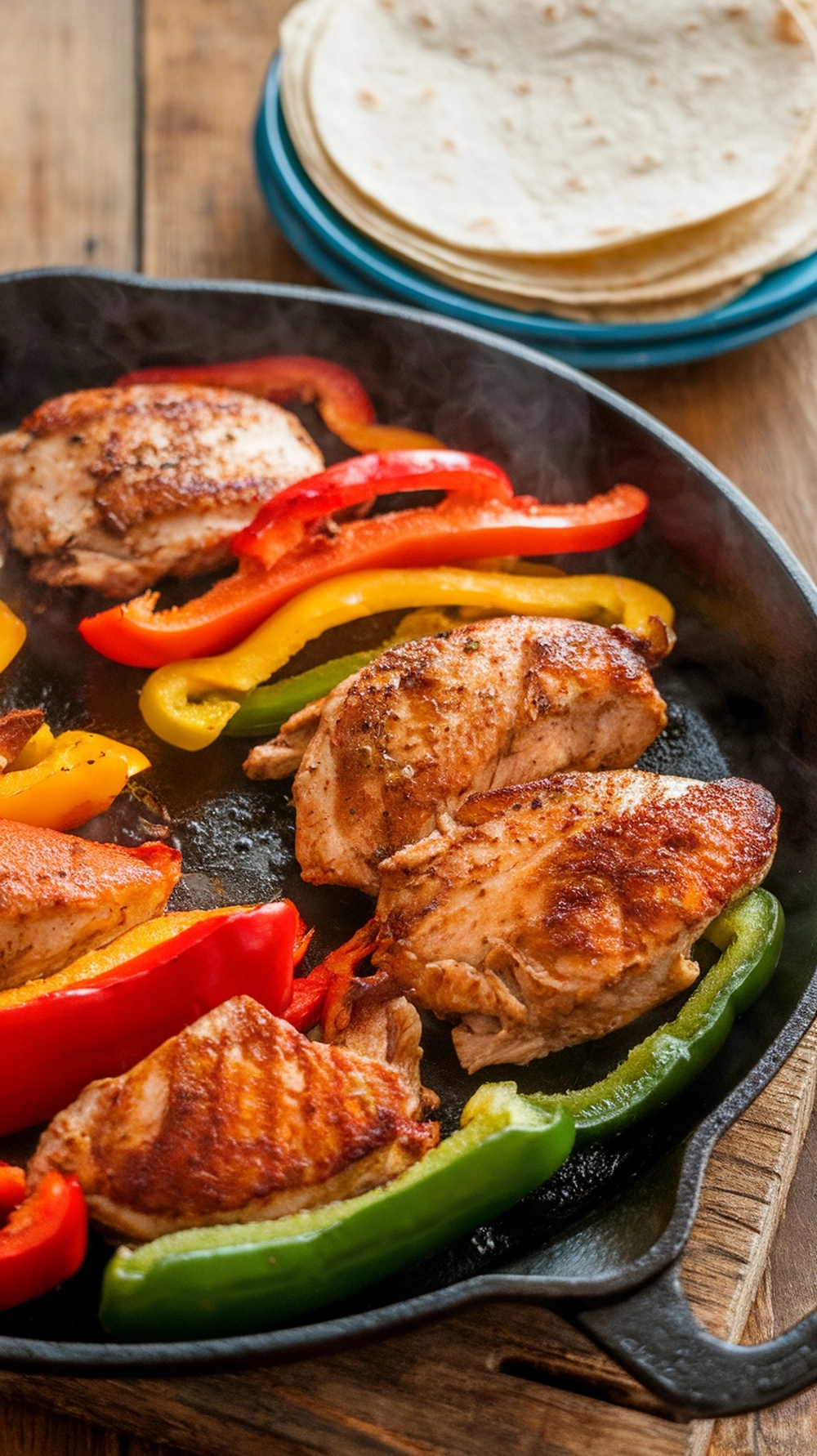 14 Quick Fall Dinner Ideas For Busy Nights 13 A skillet with cooked chicken and colorful bell peppers, with tortillas in the background.