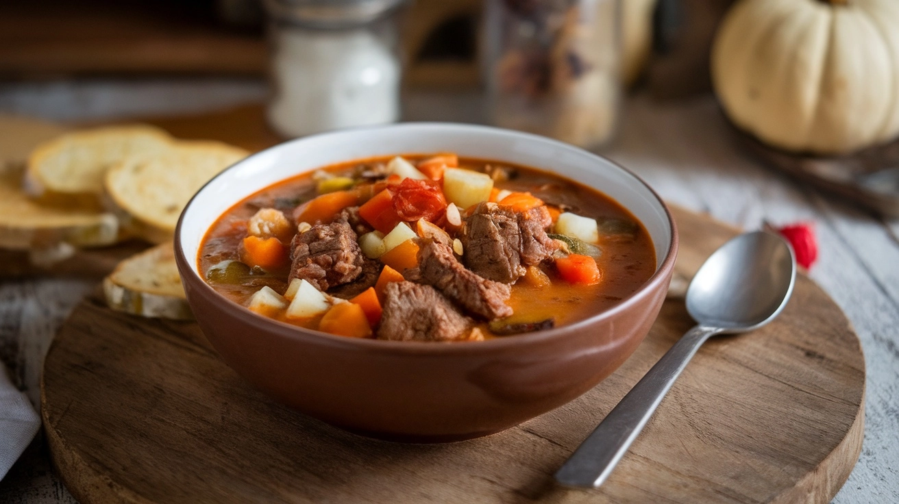 14 Quick Fall Dinner Ideas For Busy Nights 1 A bowl of beef and vegetable stew on a rustic wooden board, with a spoon and bread slices to the side. Quick Fall Dinner Ideas.