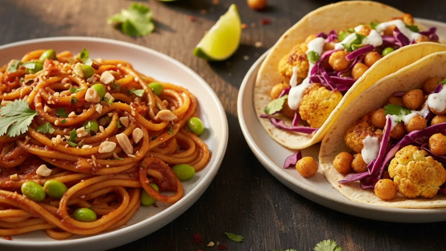 15 Delicious High Fiber Meals to Keep You Full 1 Two plates of delicious High Fiber Meals: peanut noodles and roasted cauliflower tacos.