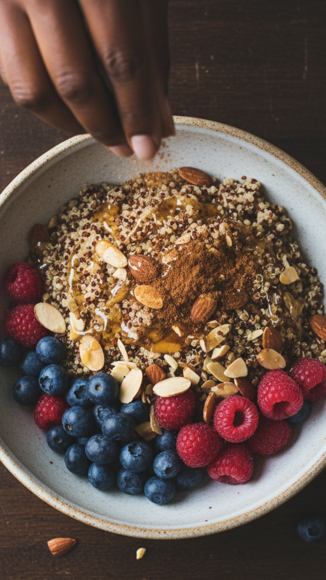 A warm quinoa breakfast bowl topped with fresh berries and almonds, providing a complete high-protein start to the day.