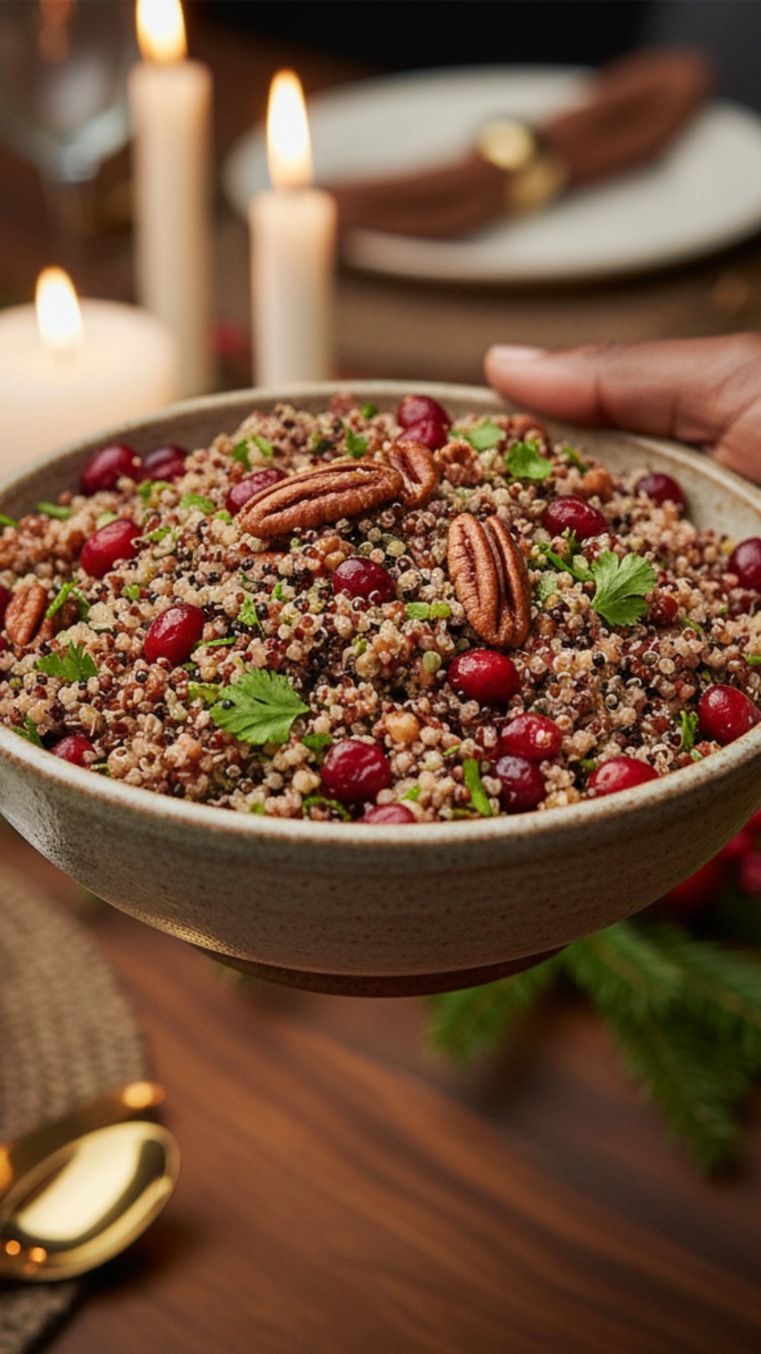 18 Amazing Healthy Thanksgiving Recipes to Try Now 6 A rustic bowl of quinoa stuffing filled with pecans and red cranberries.