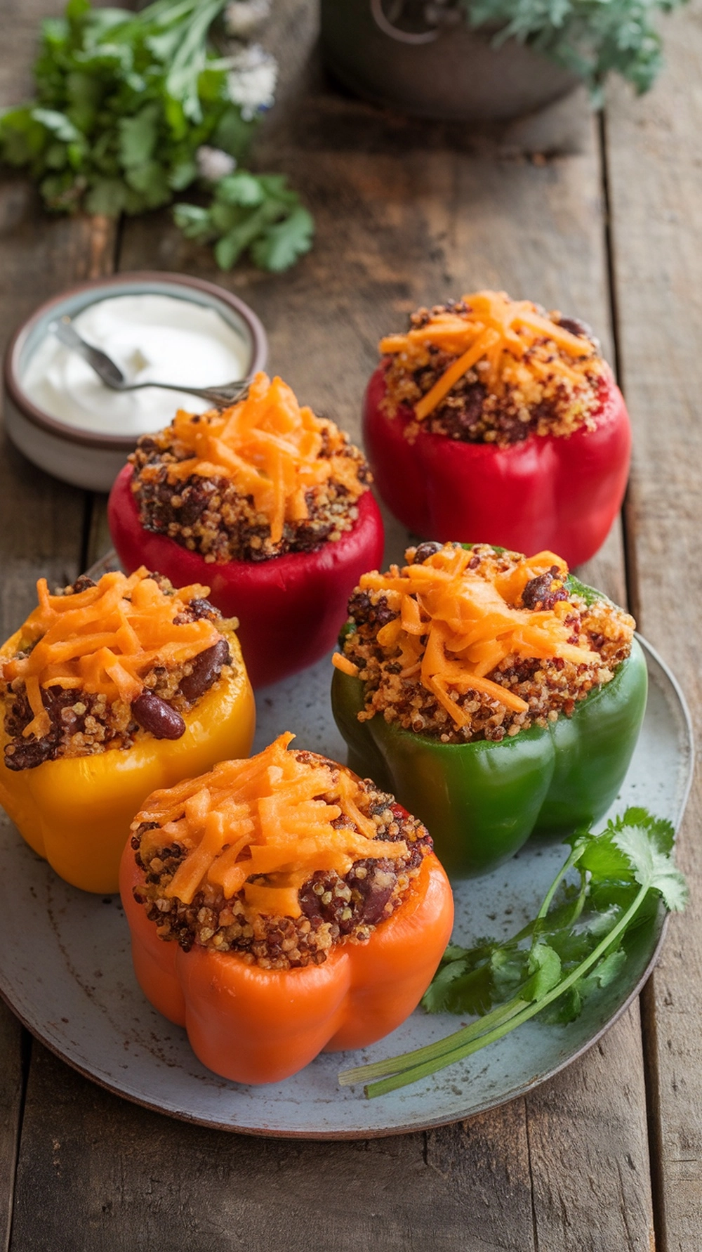 10 High Fiber Dinner Recipes for a Healthier You 3 Colorful stuffed bell peppers filled with quinoa and black beans, topped with shredded carrots.