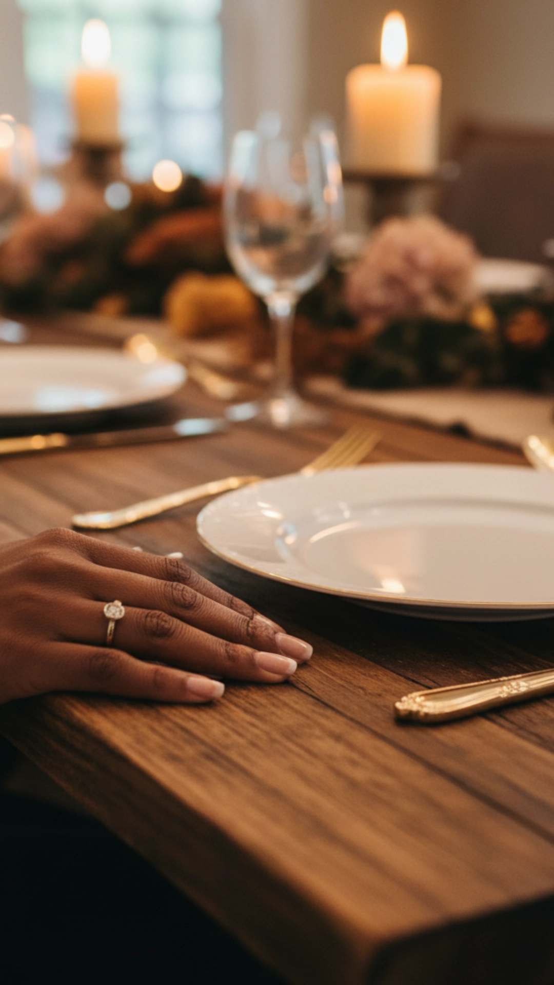 10 Classic Southern Thanksgiving Dishes You’ll Love 2 A woman's hand rests on a rustic table next to an empty plate, ready for classic Southern Thanksgiving dishes.