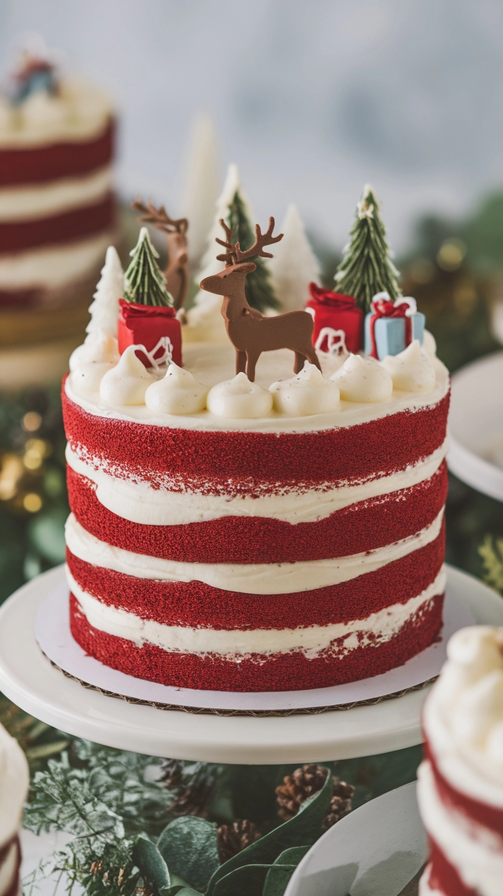 16 Irresistible Christmas Desserts That Will Wow Your Guests 9 A beautifully decorated red velvet cake with cream cheese frosting, featuring festive decorations like reindeer and Christmas trees.