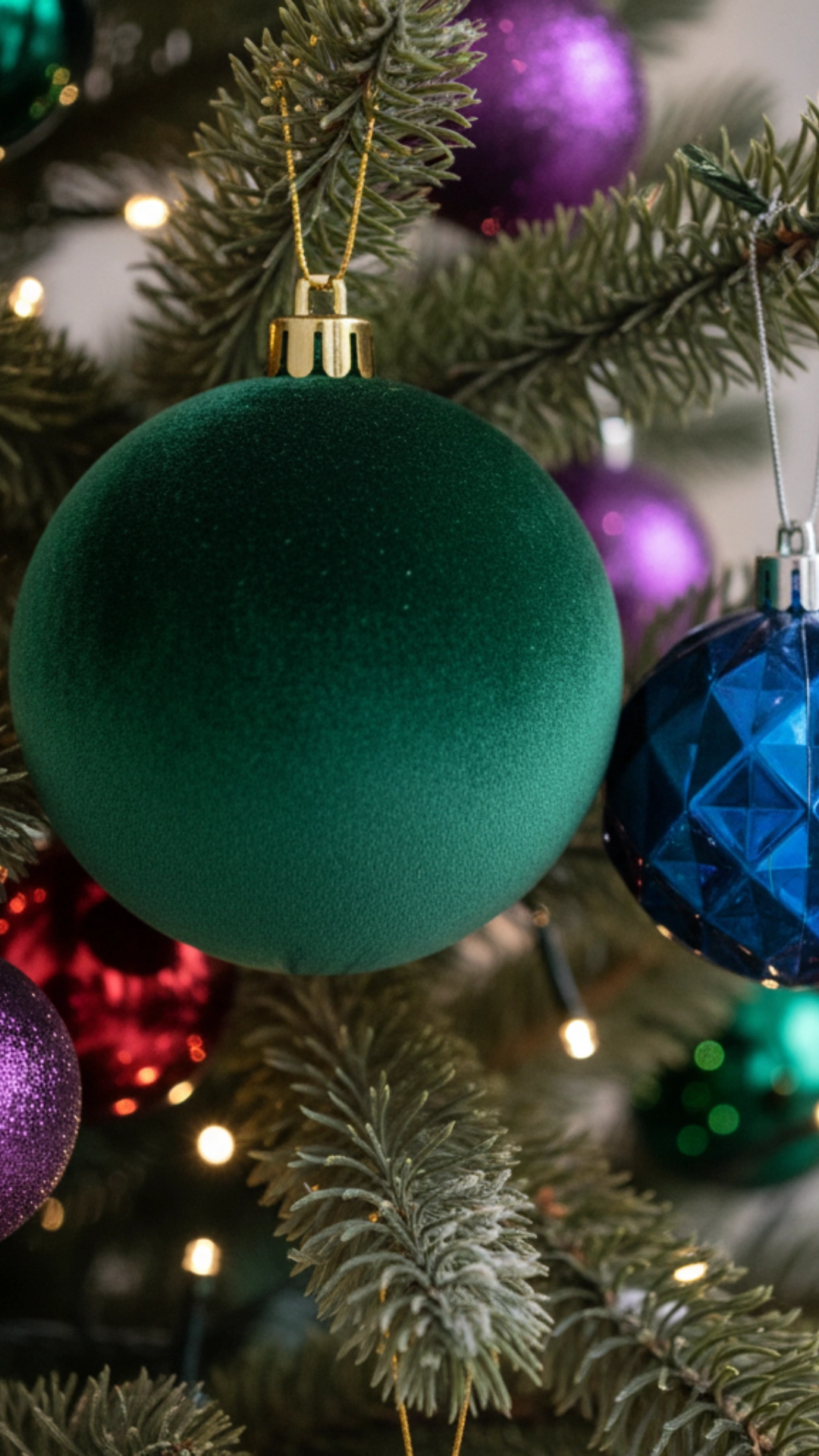  Emerald green and sapphire blue jewel-toned ornaments on a Christmas tree.