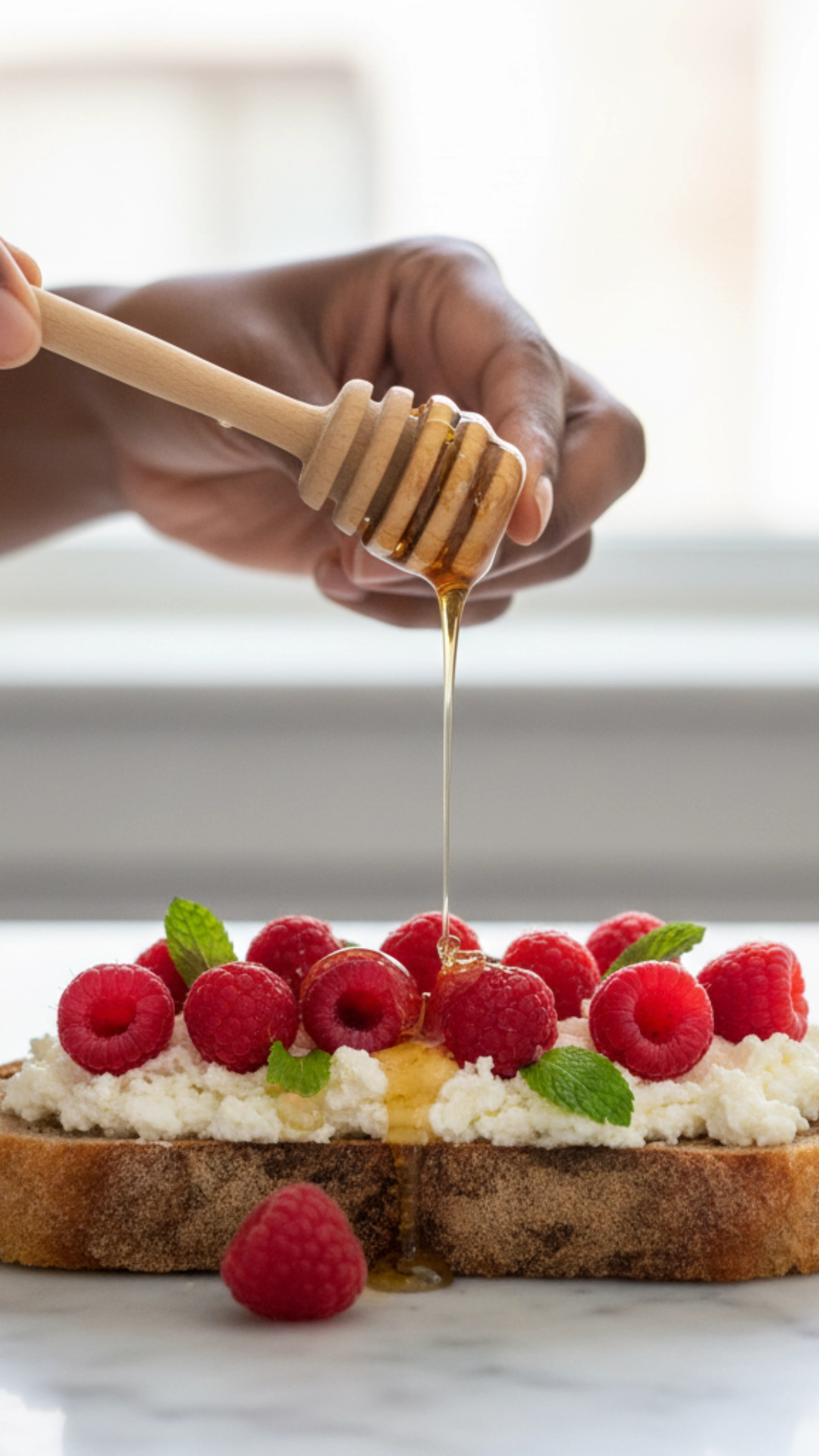 An elegant slice of ricotta toast topped with fresh raspberries, mint, and a drizzle of honey, a sophisticated high-protein breakfast.