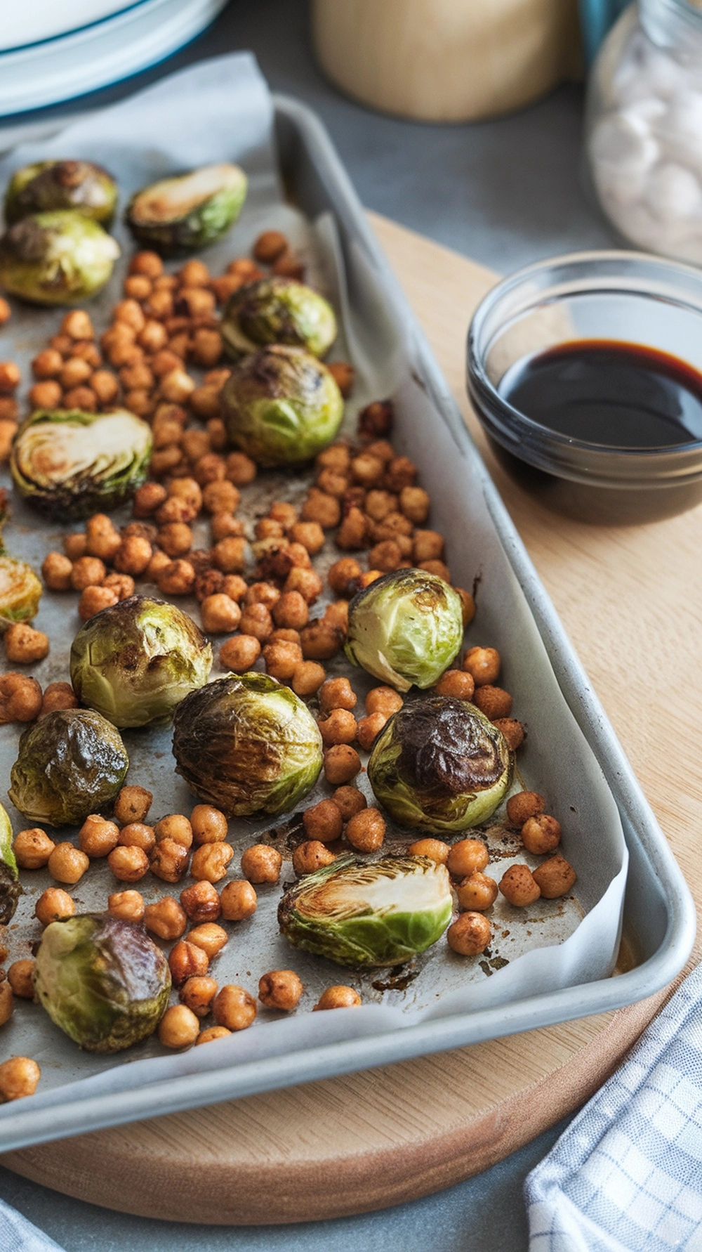 10 High Fiber Dinner Recipes for a Healthier You 5 A tray of roasted Brussels sprouts and chickpeas, with a small bowl of sauce on the side.