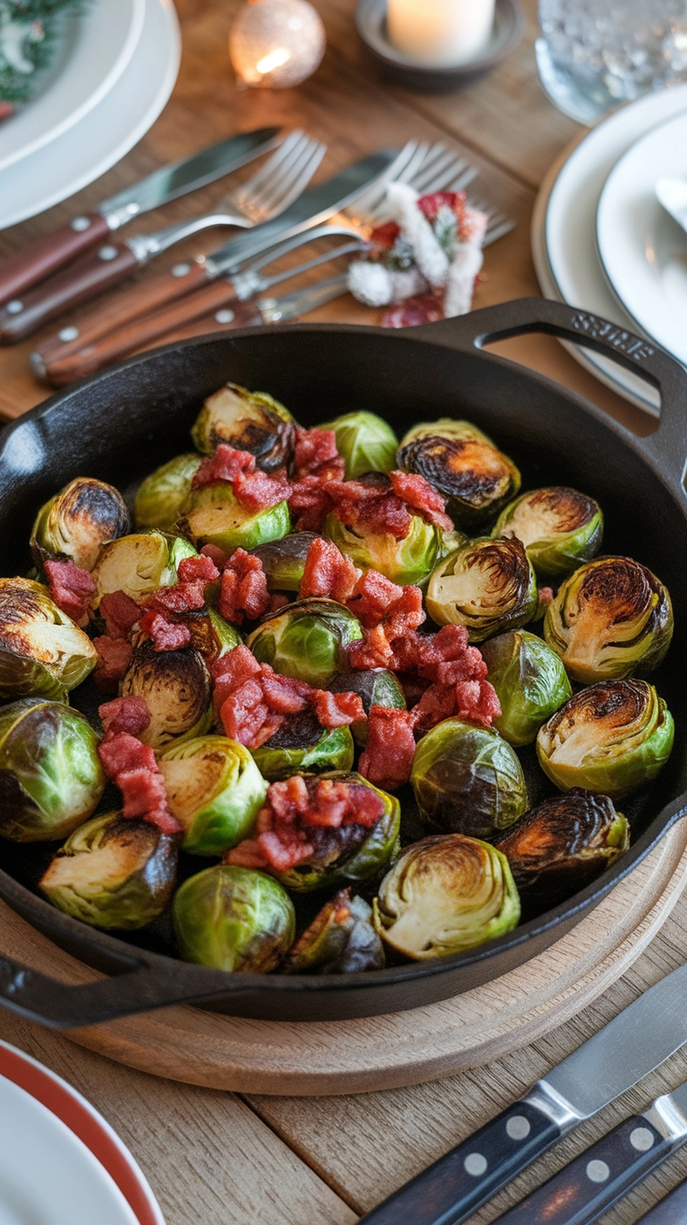 10 Easy Thanksgiving Side Dishes Everyone Will Love 5 A skillet of roasted Brussels sprouts with crispy bacon on a wooden table, ready for Thanksgiving.