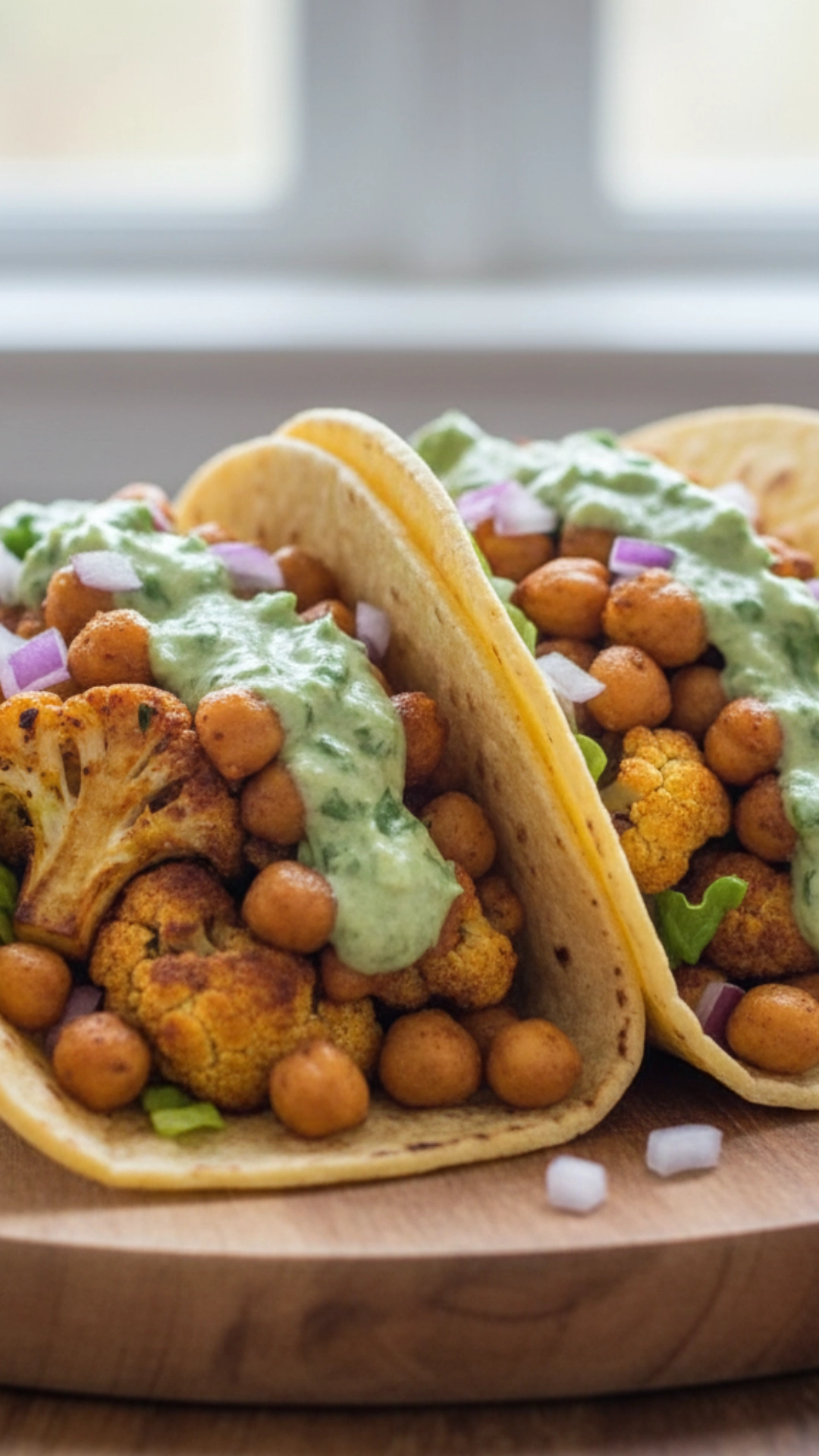 15 Delicious High Fiber Meals to Keep You Full 11 Two roasted cauliflower and chickpea tacos drizzled with cilantro-lime crema.