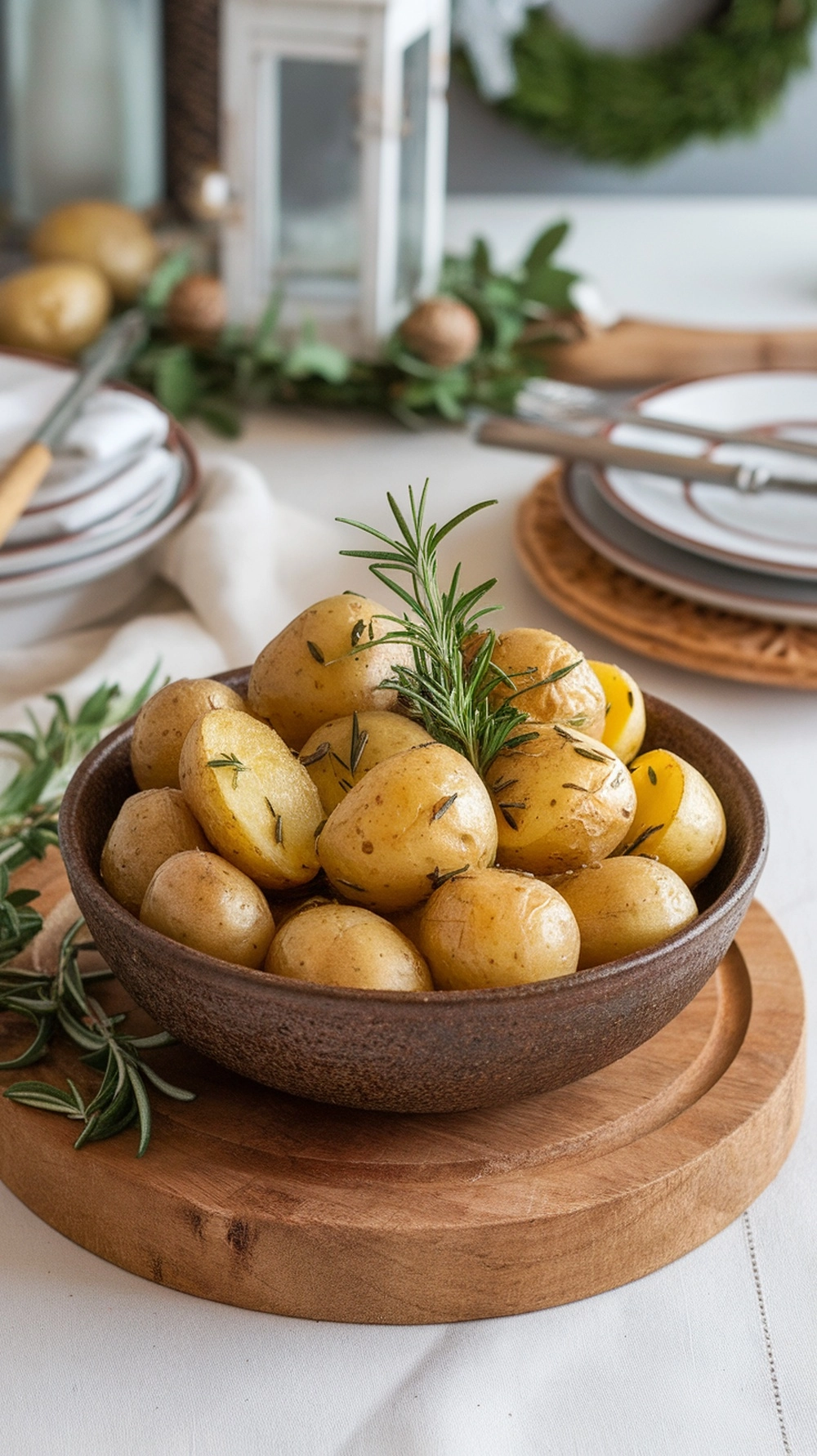 10 Easy Thanksgiving Side Dishes Everyone Will Love 7 Bowl of roasted garlic and herb potatoes garnished with rosemary