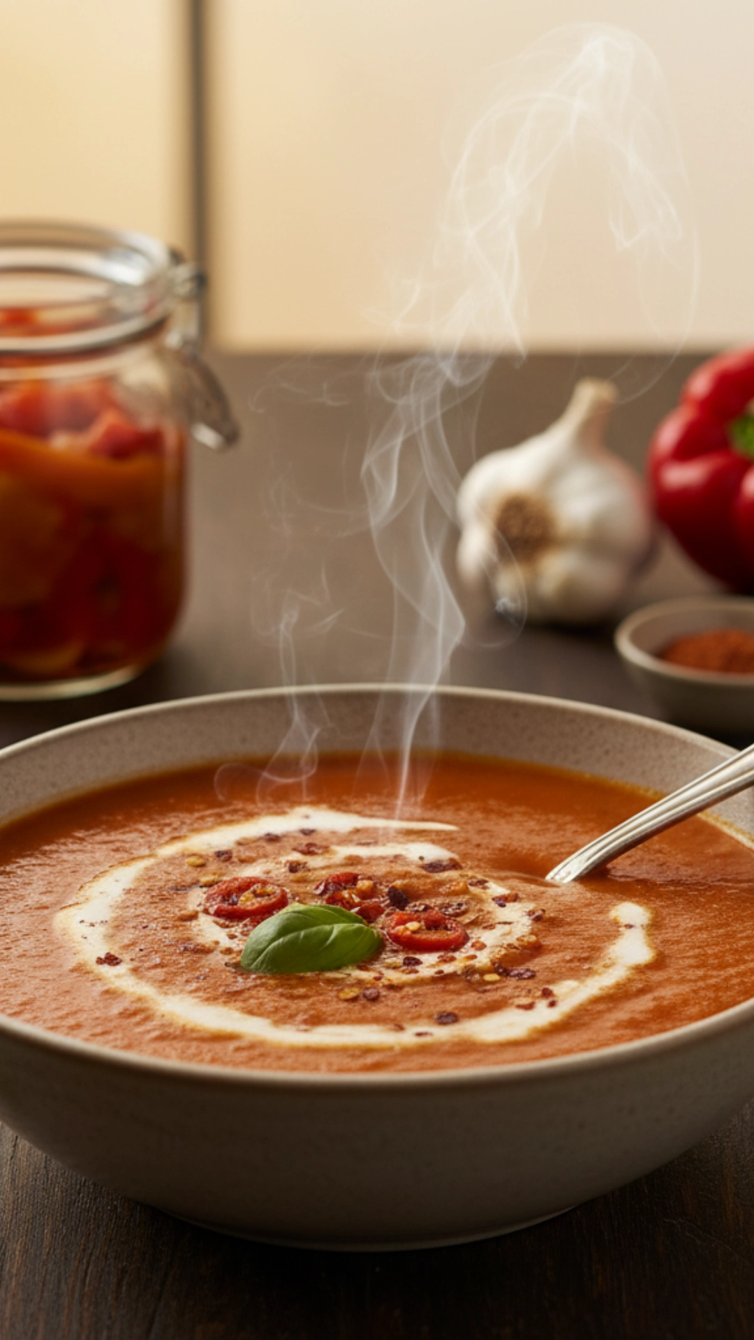 15 Irresistible Cozy Thanksgiving Soups Everyone Will Love 13 Deep orange Roasted Red Pepper and Smoked Paprika Soup in a bowl with a smoky spice swirl.