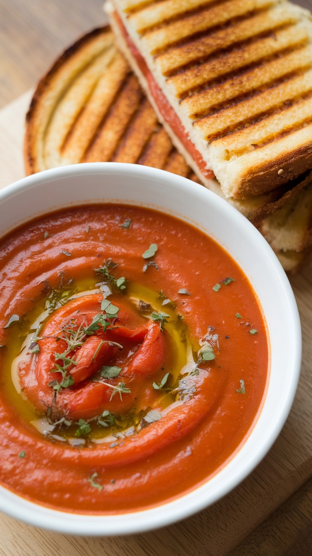 10 Cozy Fall Soup Recipes to Keep You Warm All Season 11 A bowl of roasted red pepper and tomato soup with grilled cheese sandwiches on the side.