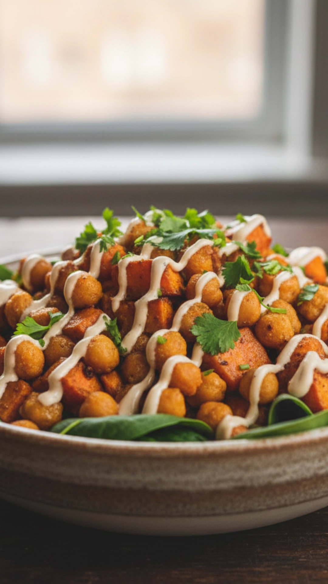 15 Delicious High Fiber Meals to Keep You Full 13 Roasted sweet potato and chickpea bowl over spinach with a tahini drizzle.