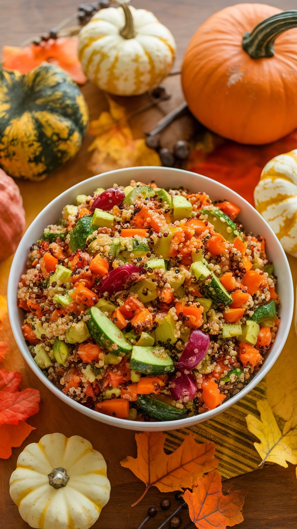 12 Cozy Fall Dinner Recipes To Warm You Up 12 A bowl of roasted vegetable quinoa salad surrounded by fall decorations.