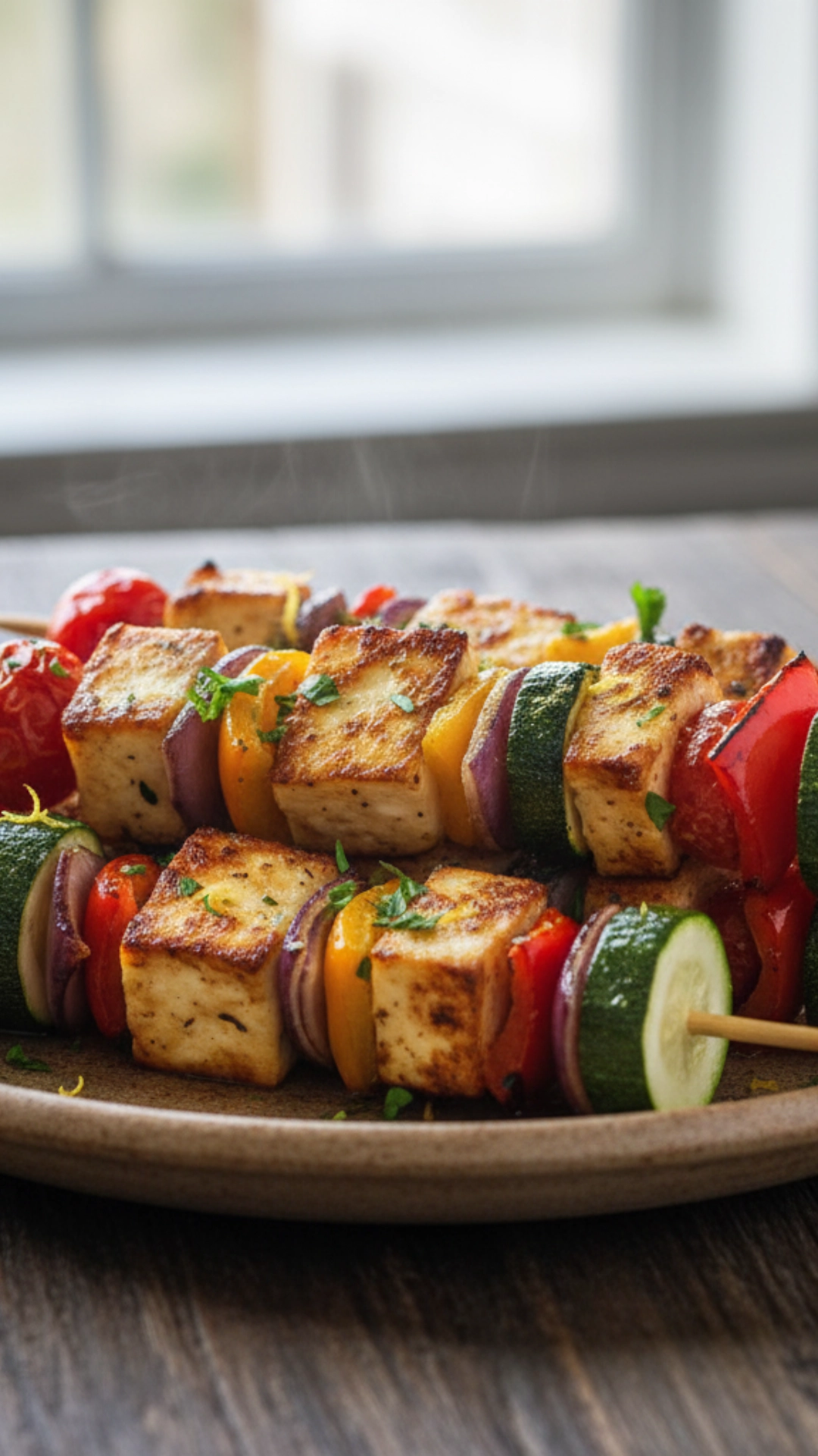 15 Delicious High Fiber Meals to Keep You Full 7 Colorful roasted vegetable and halloumi skewers on a platter.