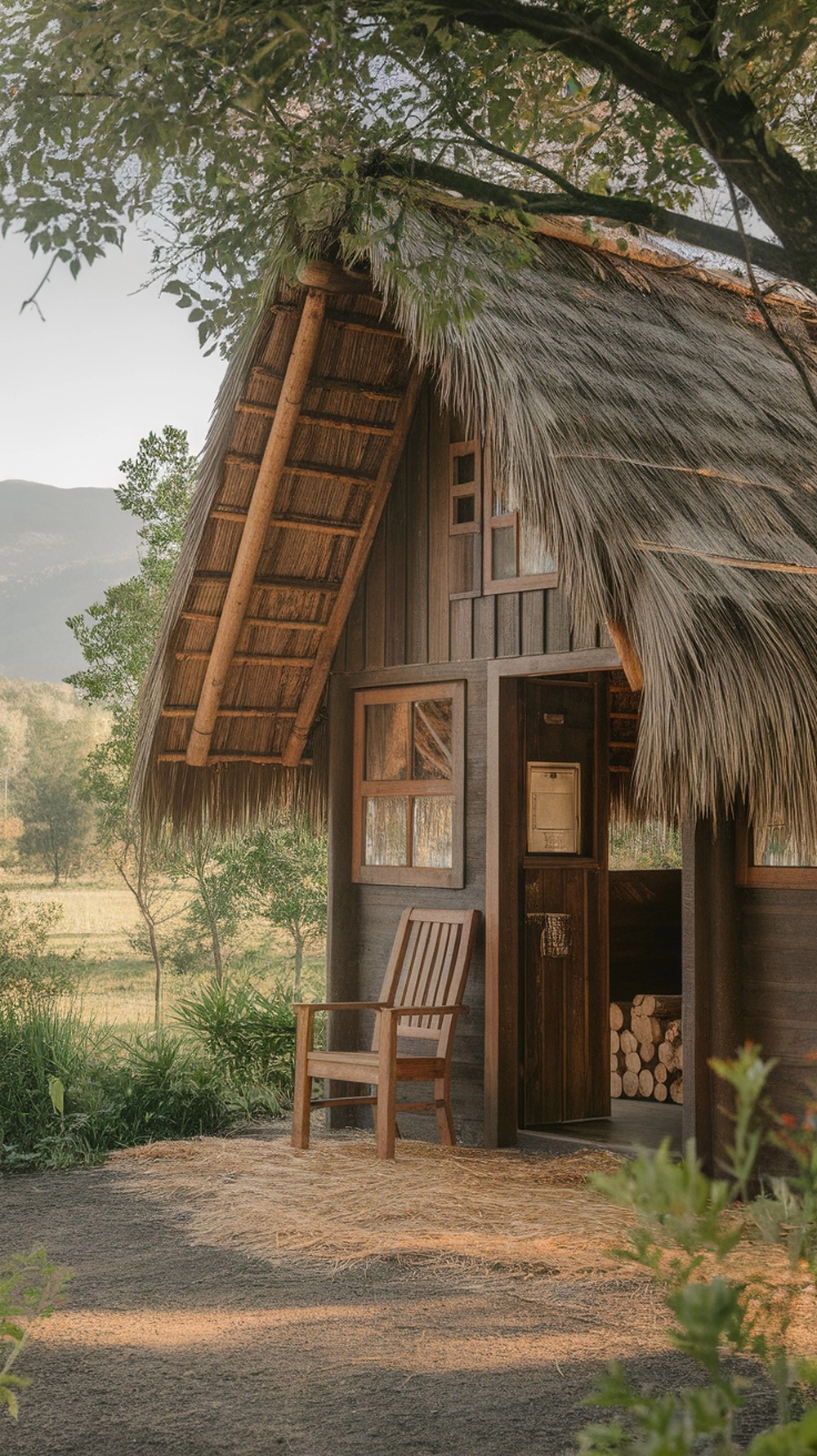 10 Cozy Cabin Trip Ideas for Your Next Adventure 12 A cozy cabin with a wooden structure and a porch, surrounded by greenery and a peaceful landscape.