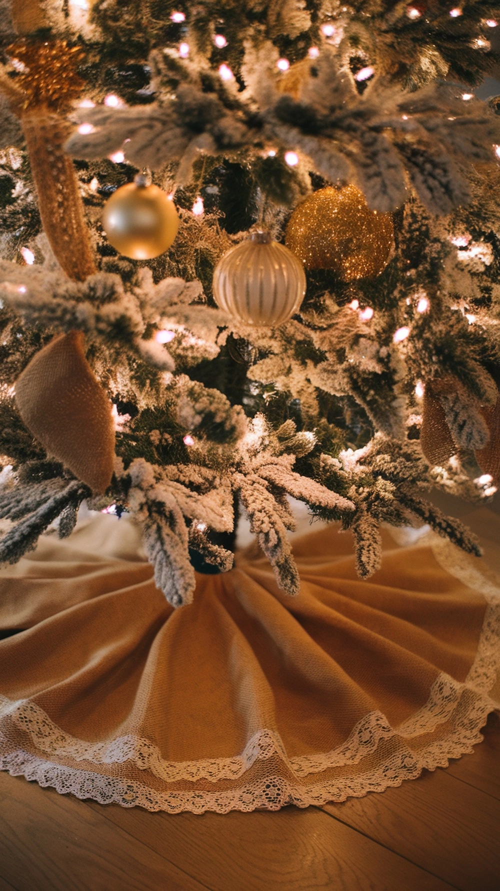 14 Creative Christmas Decor Ideas for Your Home 11 A rustic Christmas tree skirt made of burlap with lace trim, placed under a beautifully decorated Christmas tree.