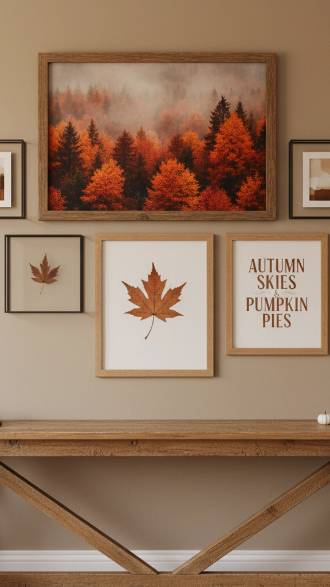 15 Unforgettable Rustic Living Room Decor Ideas 16 A well-arranged gallery wall featuring a mix of rustic wood frames, fall landscape art, and botanical prints.