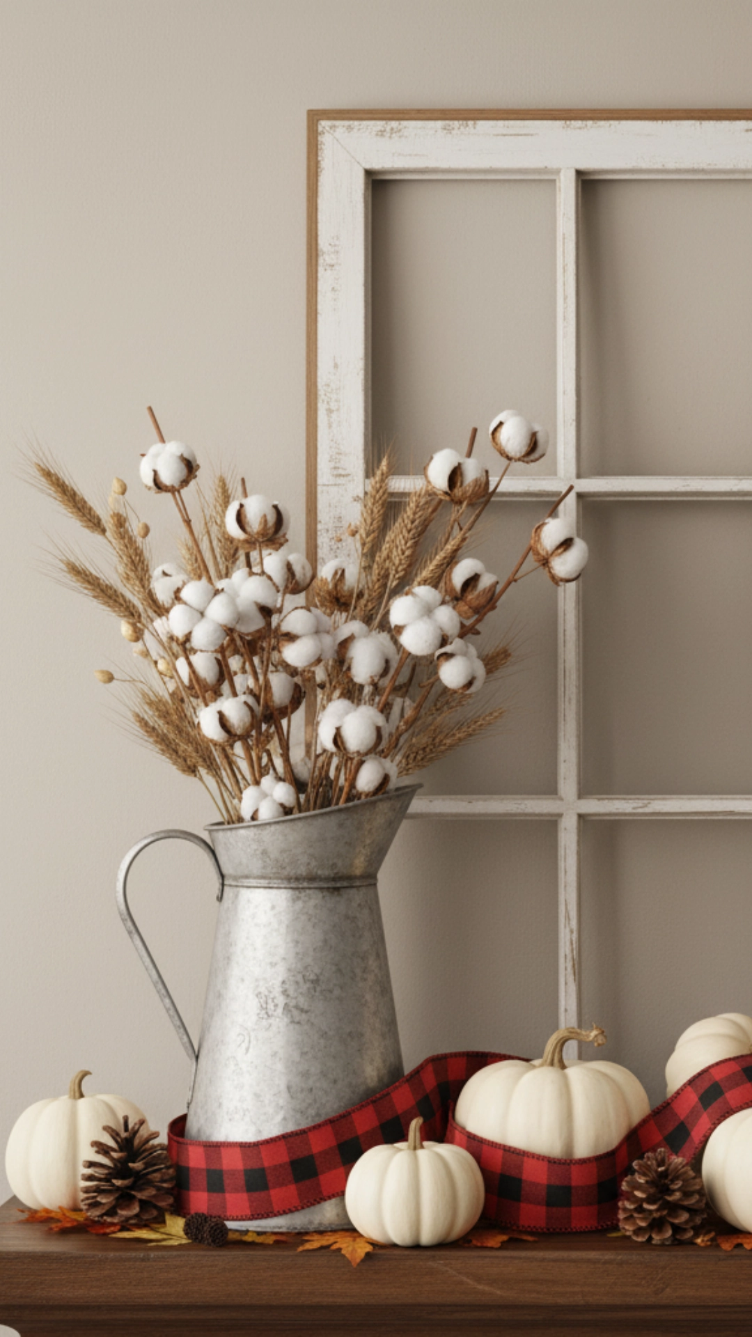 How to Layer Fall Mantle Decor (The 6-Step Guide) 8 A rustic farmhouse-style mantle decorated with a distressed window frame, a galvanized metal pitcher, and white pumpkins.
A rustic farmhouse-style mantle decorated with a distressed window frame, a galvanized metal pitcher, and white pumpkins.
