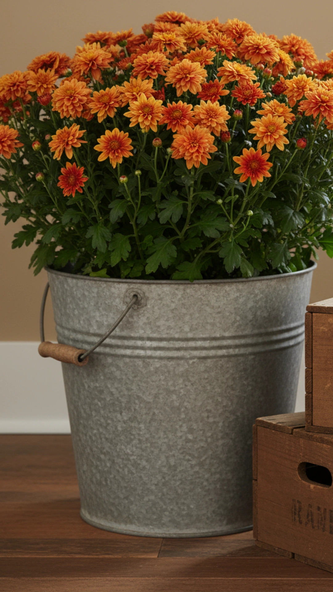 15 Unforgettable Rustic Living Room Decor Ideas 22 A galvanized metal bucket used as a planter for a fall mum, sitting next to a stack of wooden crates.