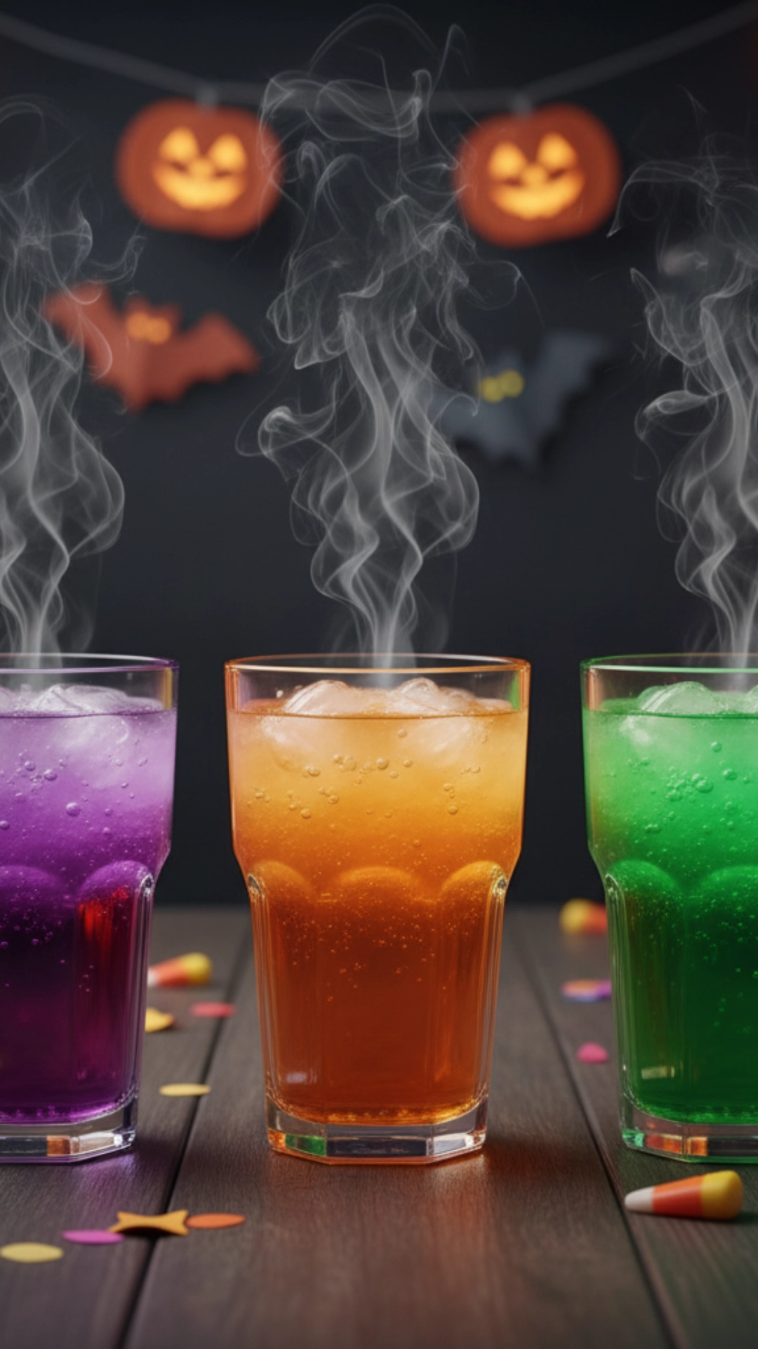 15 Fun Non Alcoholic Halloween Punch Recipes 14 Three hands holding three glasses of colorful nonalcoholic Halloween punch recipes, representing the Hocus Pocus Sanderson sisters.