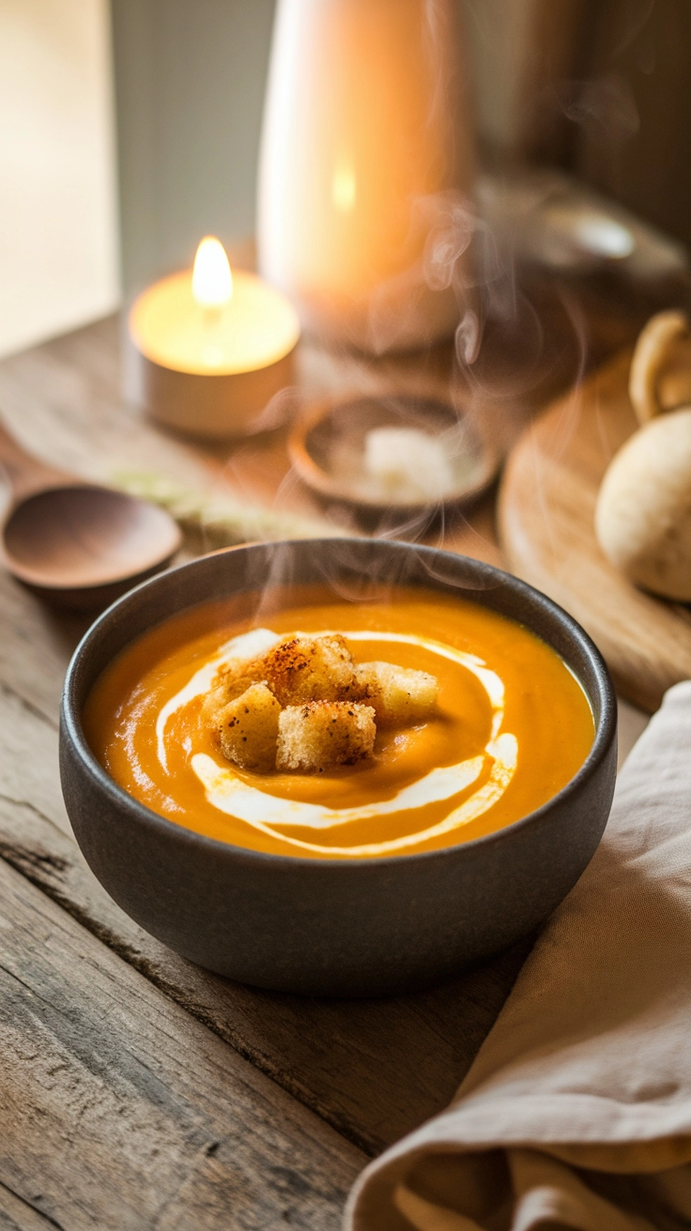 12 Cozy Fall Dinner Recipes To Warm You Up 9 A bowl of steaming butternut squash soup topped with croutons, with a candle in the background.