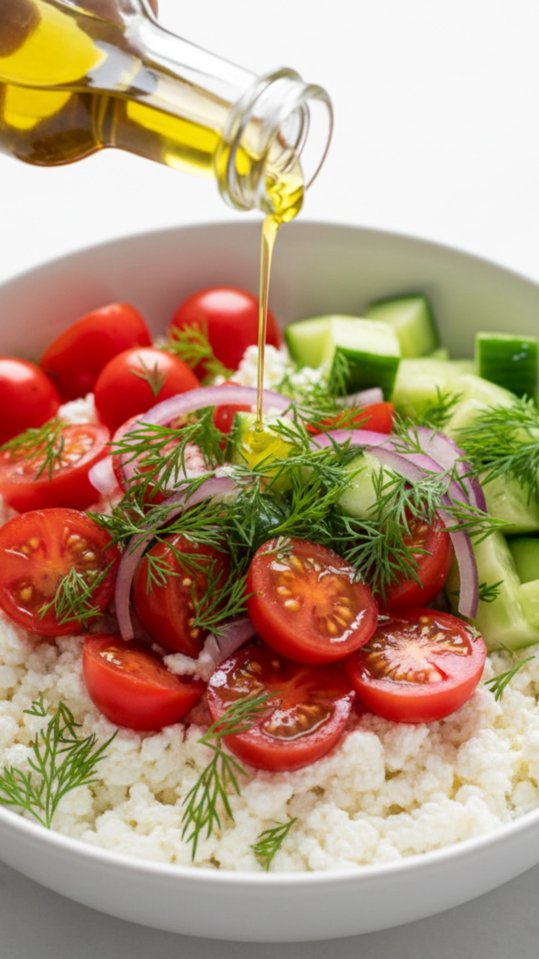 10 Delicious High-Protein Breakfast Ideas 4 A savory cottage cheese bowl with fresh tomatoes, cucumber, and herbs, presented as a refreshing high-protein breakfast.