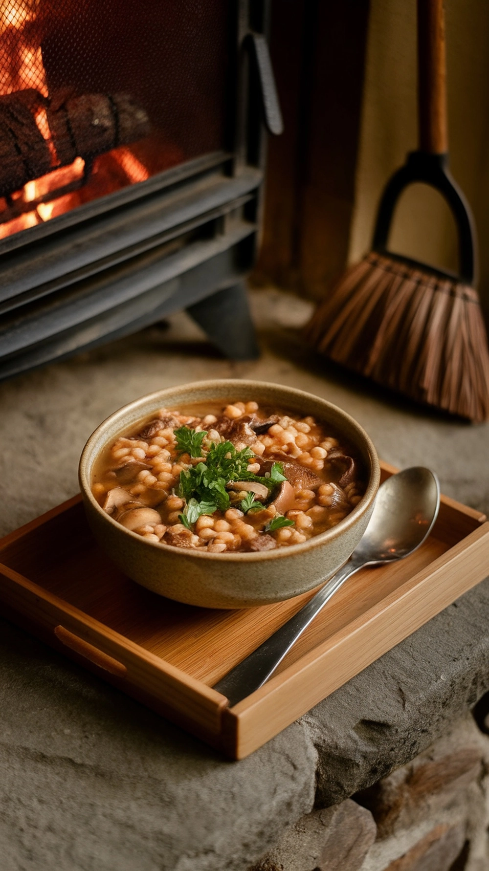10 Cozy Fall Soup Recipes to Keep You Warm All Season 5 A bowl of mushroom barley soup next to a fireplace, garnished with fresh herbs.