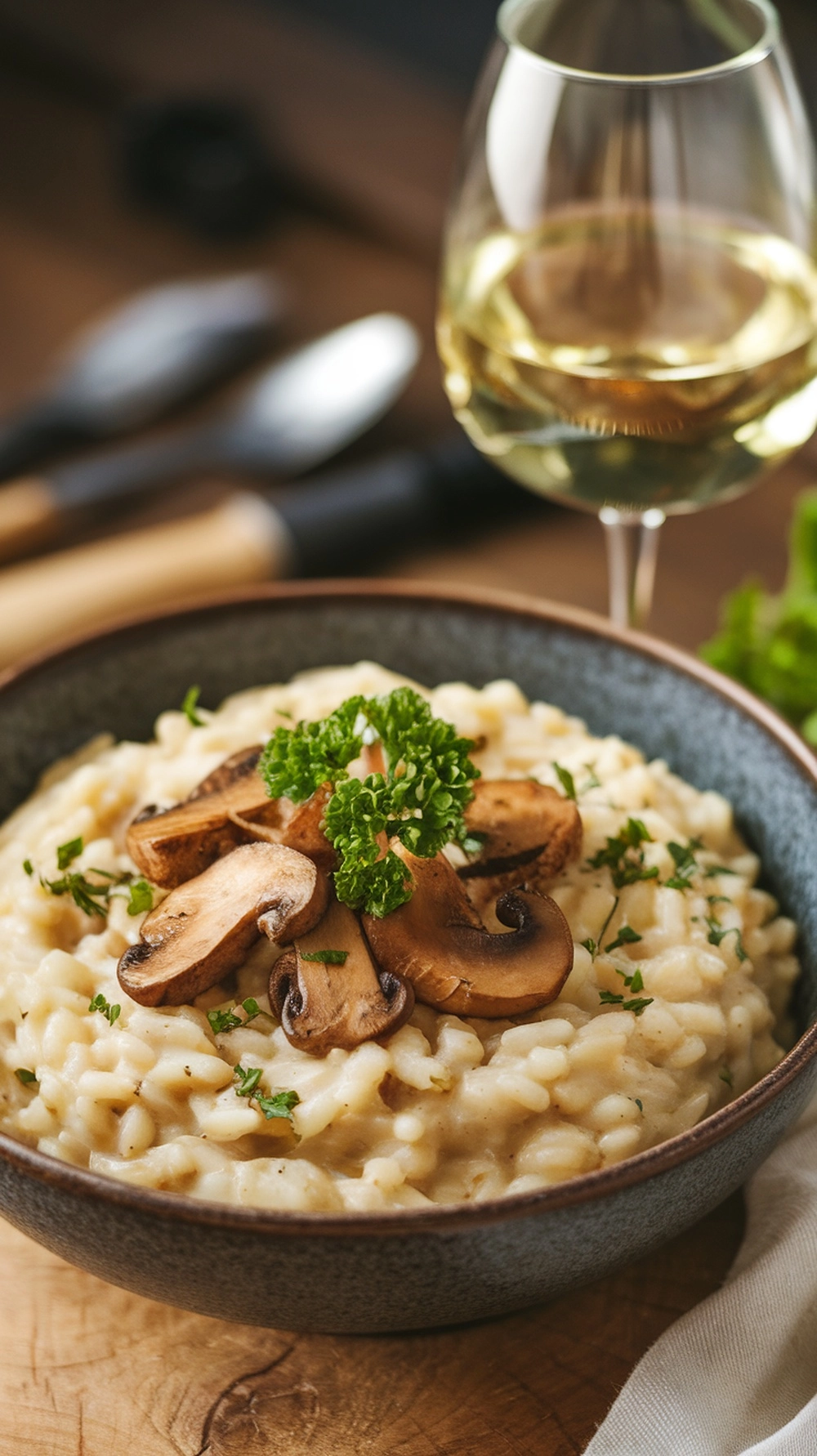 14 Quick Fall Dinner Ideas For Busy Nights 8 A bowl of creamy mushroom risotto topped with sautéed mushrooms and parsley, with a glass of white wine in the background.