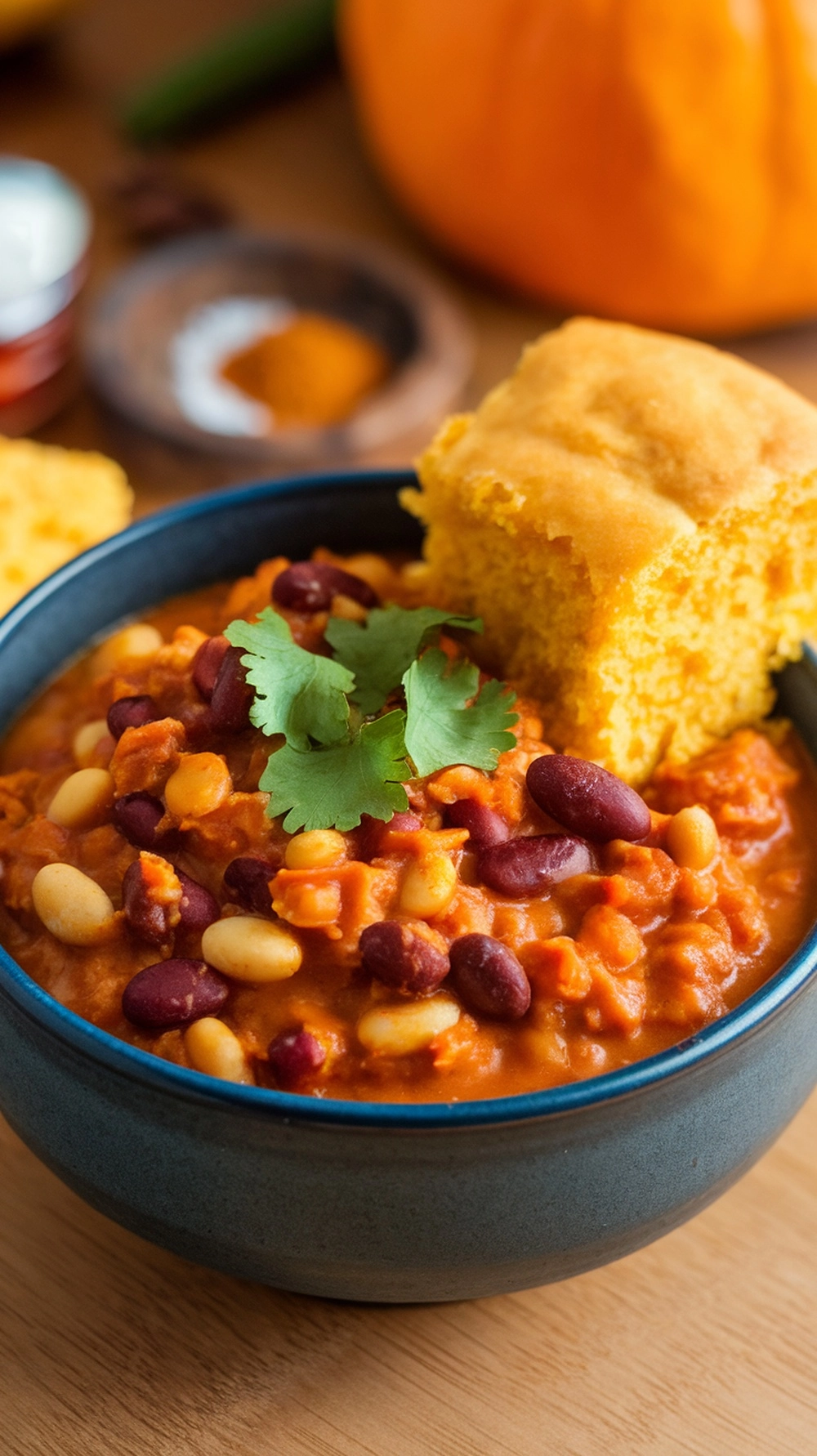 A bowl of savory pumpkin chili topped with cilantro and a piece of cornbread on the side.
