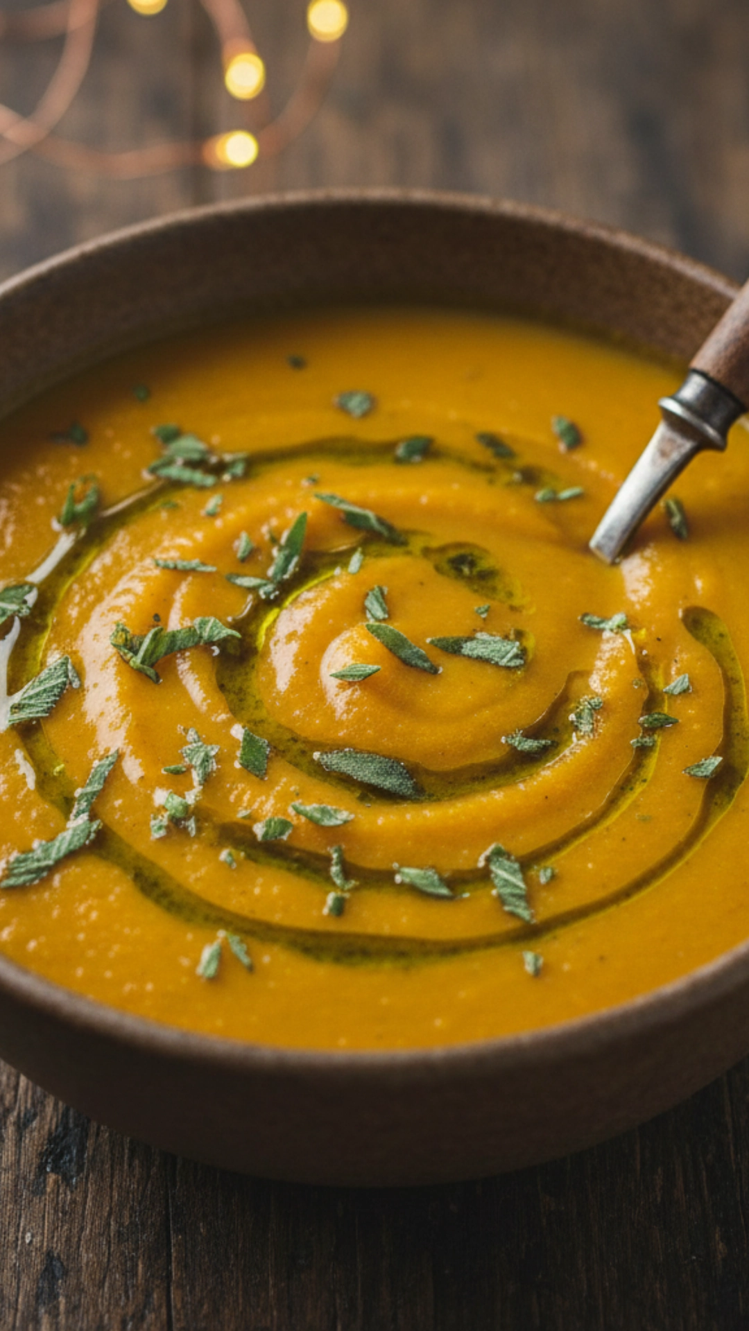 15 Irresistible Cozy Thanksgiving Soups Everyone Will Love 3 Warm, golden pumpkin soup garnished with fresh green sage leaves and a drizzle of olive oil.