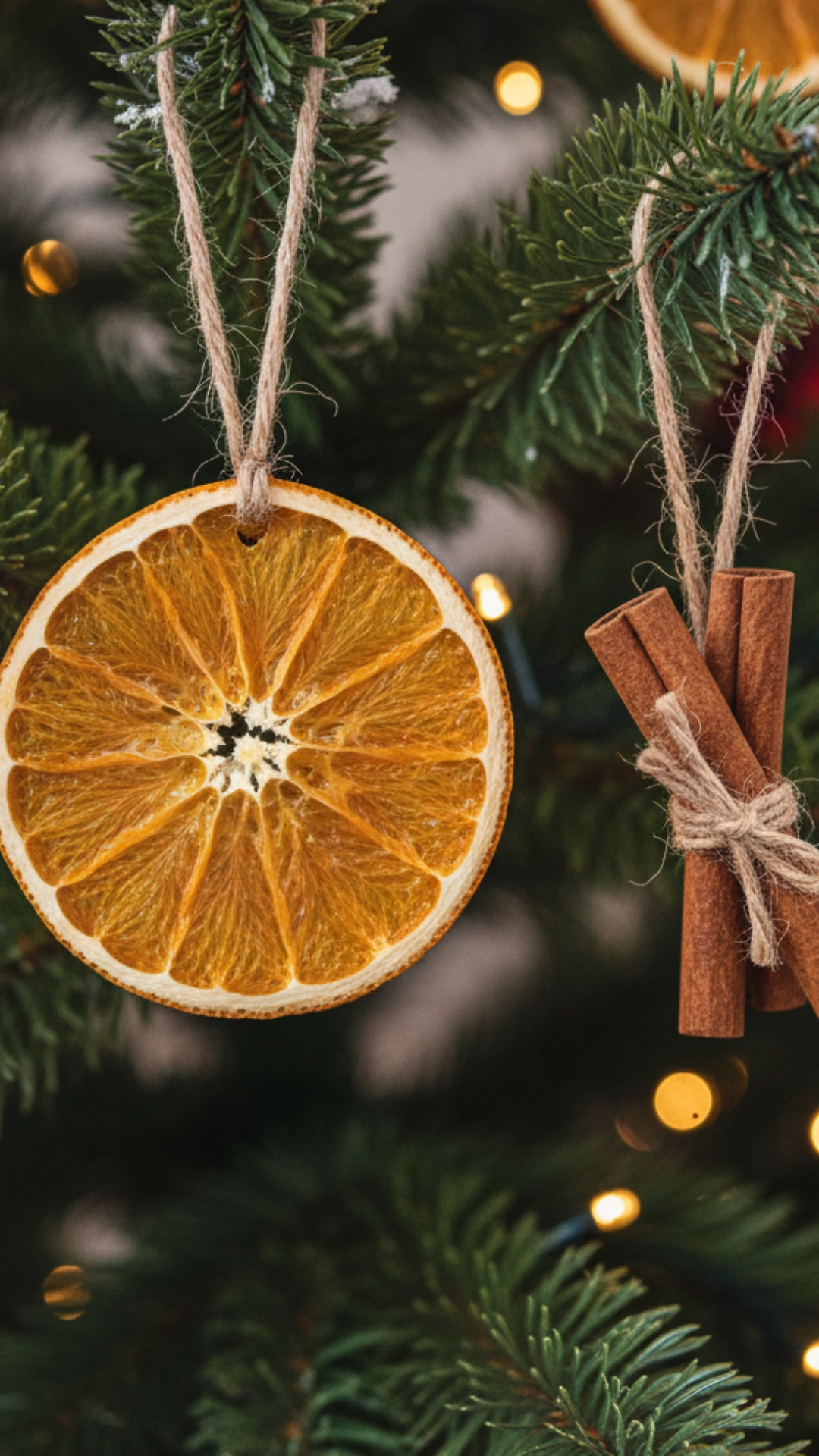A dried orange slice and a bundle of cinnamon sticks used as natural Christmas tree ornaments.