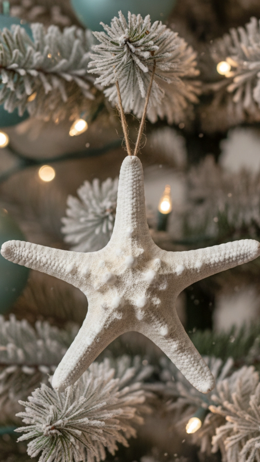 A white starfish ornament hanging on a Christmas tree with blue and beige decorations.